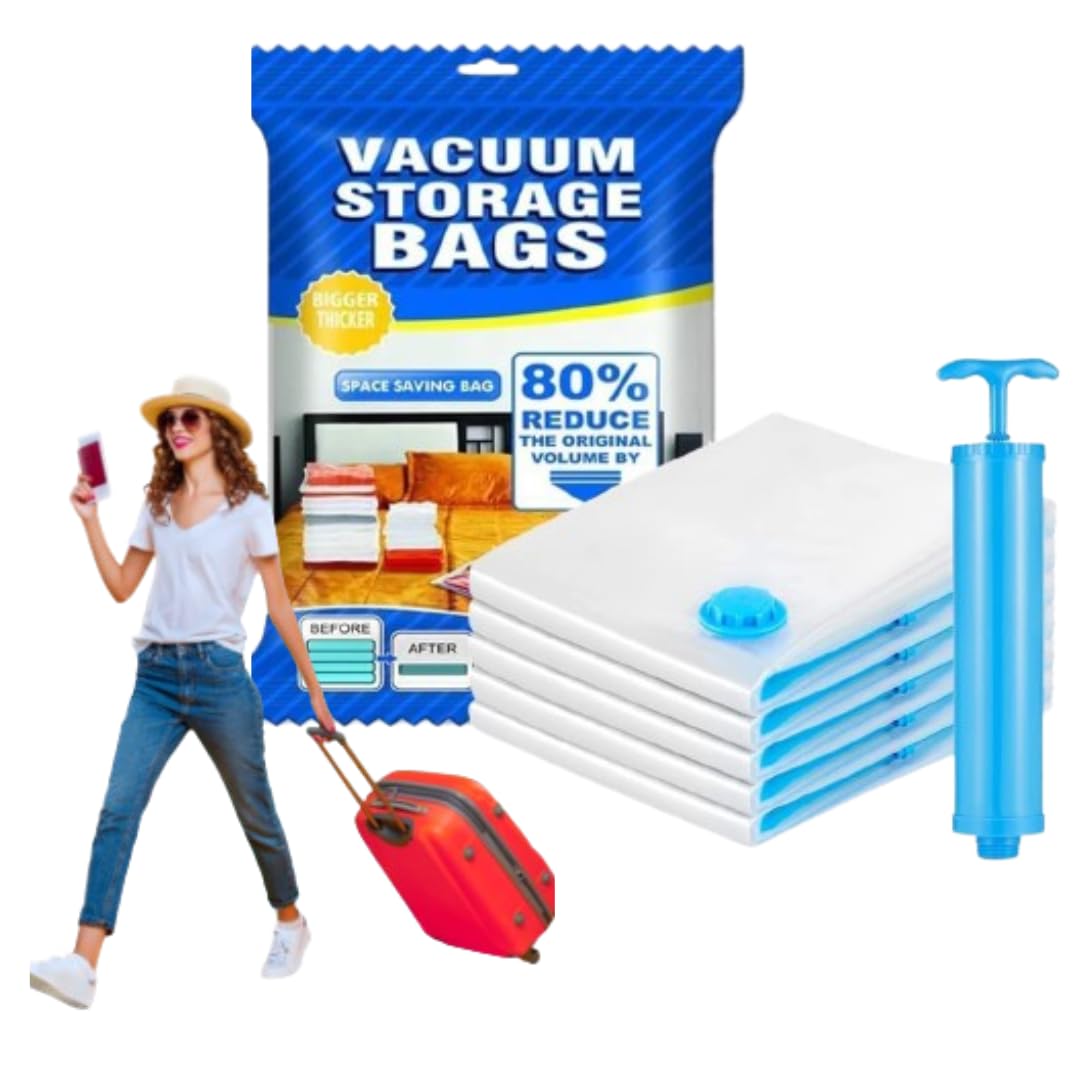 Vacuum Bags For Travel With Hand Pump (3M) Airtight, Reusable Space Saver Compression Storage Bags For Packing, Sealer Bags With