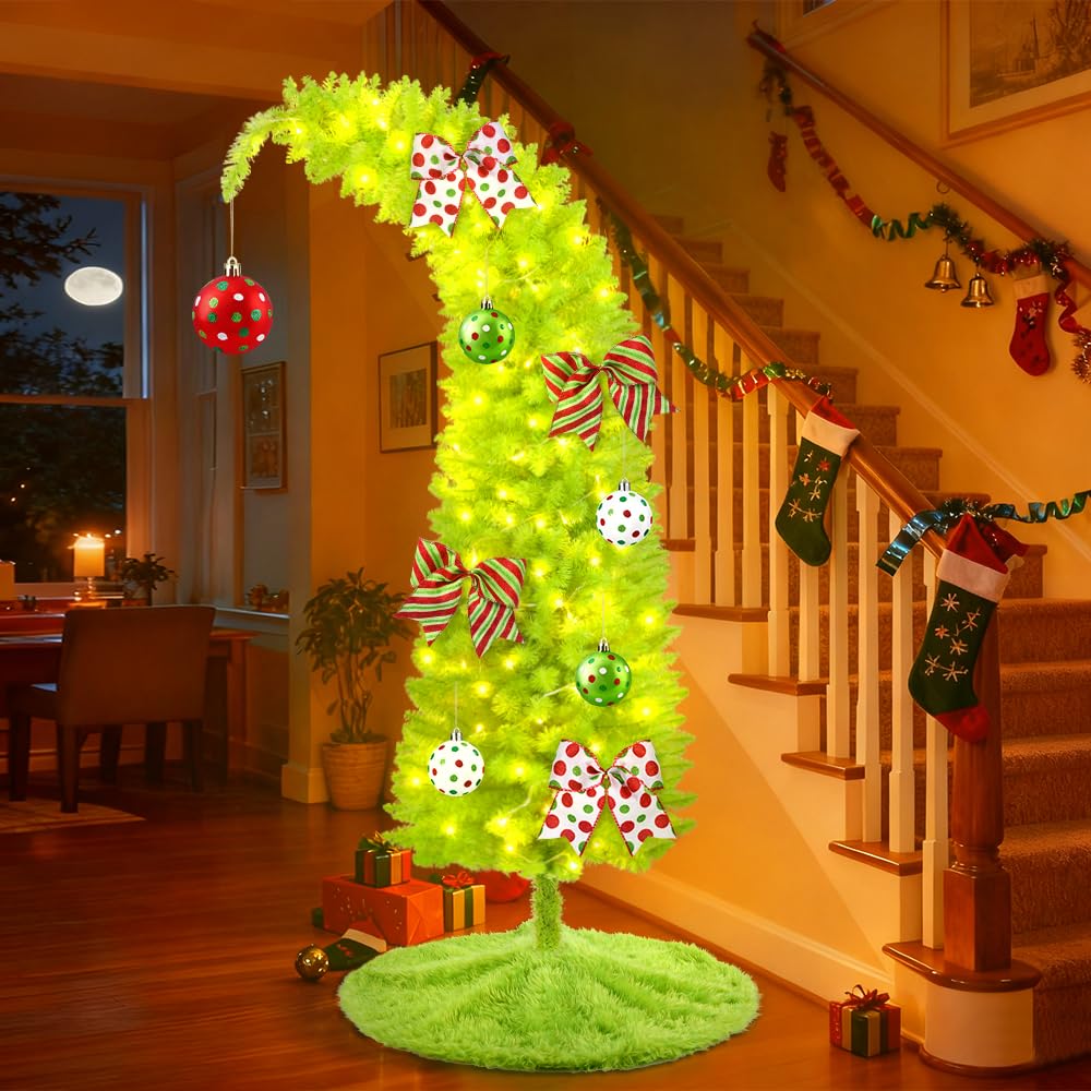 YUJUN 5.25ft Christmas Whimsical Bendable Artificial Tree, 150 LED Lights Christmas Green Tree Skirt with Timer 8 Lighting Modes