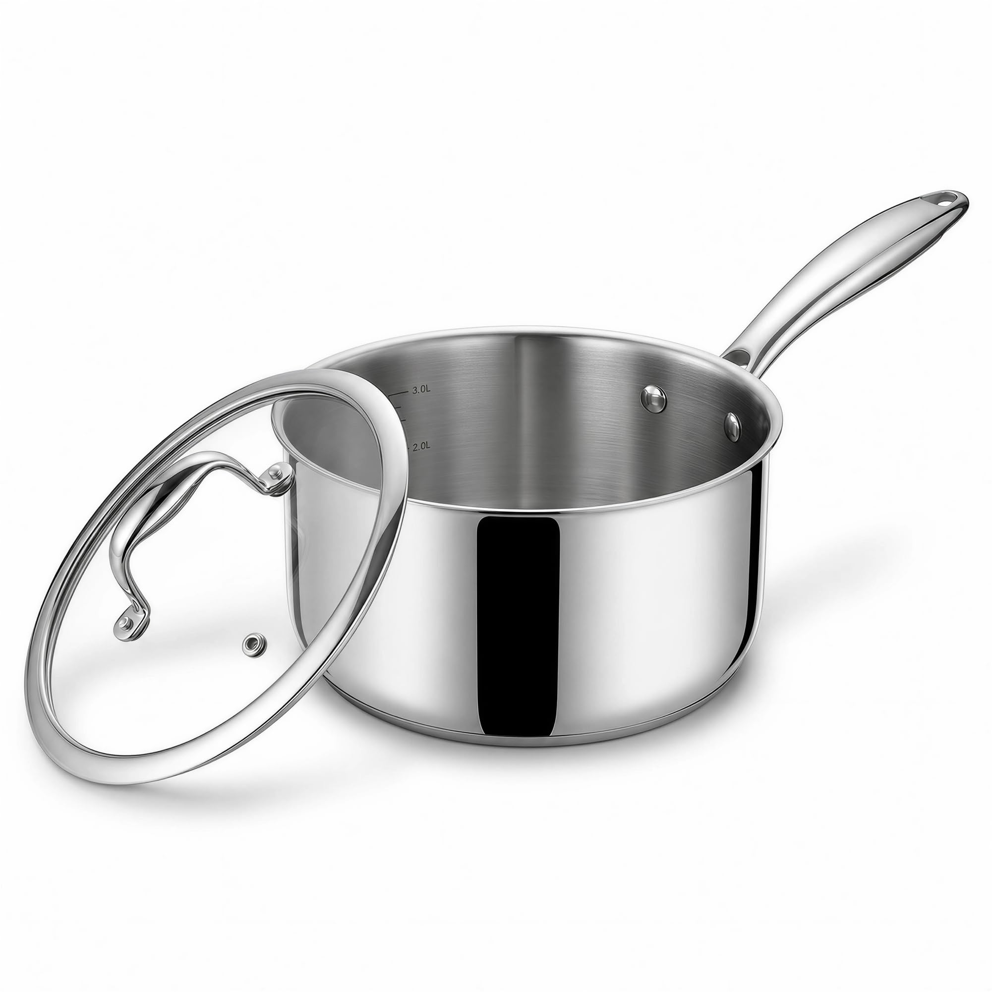 KCEmier 3Quart Saucepan with Lid, TriPly Stainless Steel Pot with StayCool Handle & All Cooktop Compatibility (Gas, Ceramic,