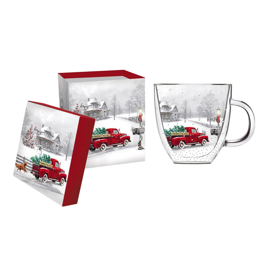 Cypress Home Beautiful Christmas Winter Truck Double Wall Glass Caf   Cup - 5 x 4 x 5 Inches Indoor/Outdoor home goods For Kitch