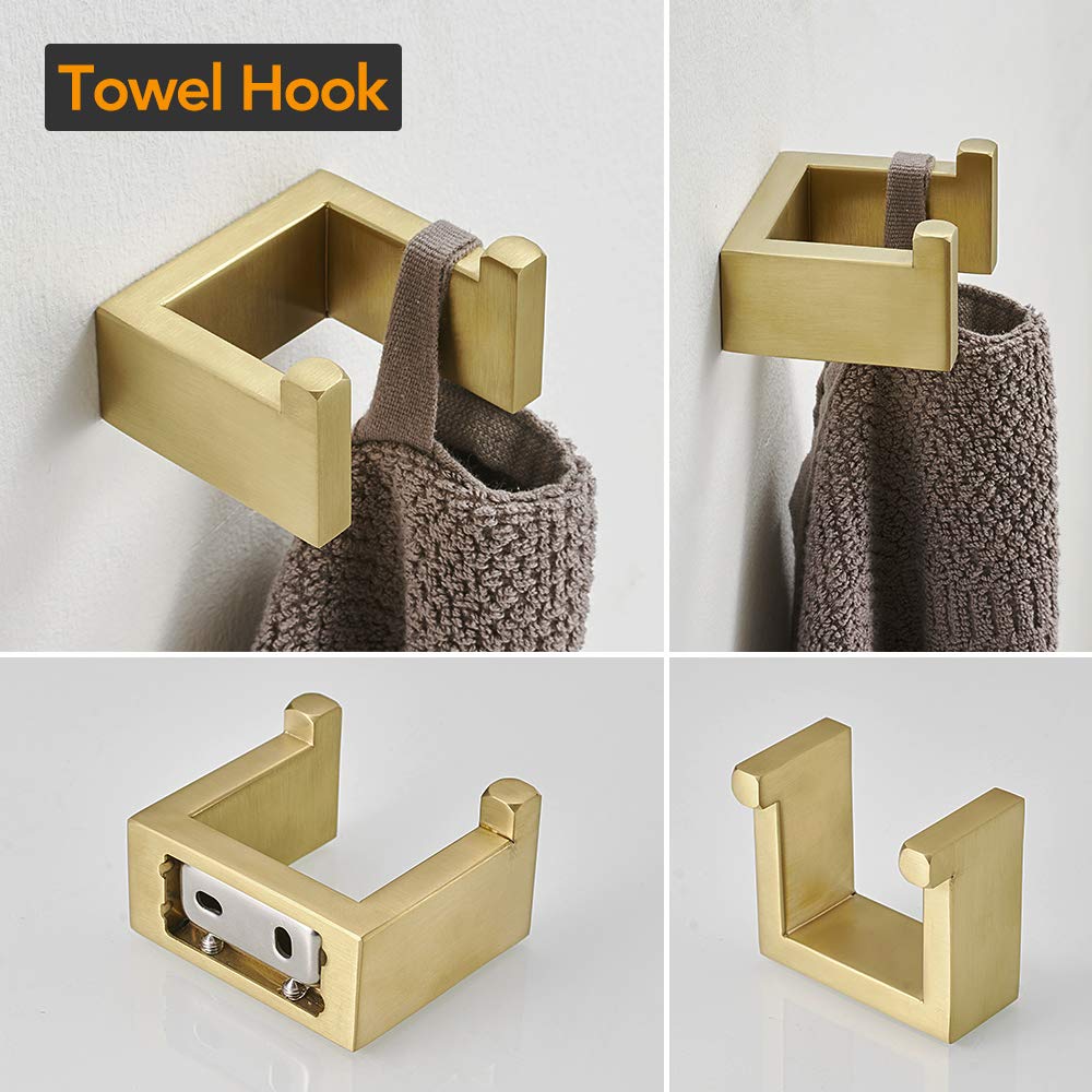BESy 4 Piece Bathroom Accessories Set (Towel Bar  Hand Towel Holder Towel Ring  Toilet Paper Holder  Double Towel Hook)  Wall Mounted Bath Hardware Accessory Fixtures Set  Stainless Steel/Brushed Gold