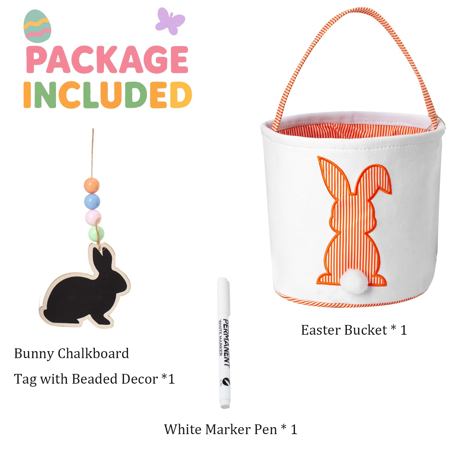 CHOIEO Easter Basket, Bunny Baskets with Pom-Pom Tail, Stripe Pattern, Bucket for Egg Hunts, Easter Gifts (Orange)