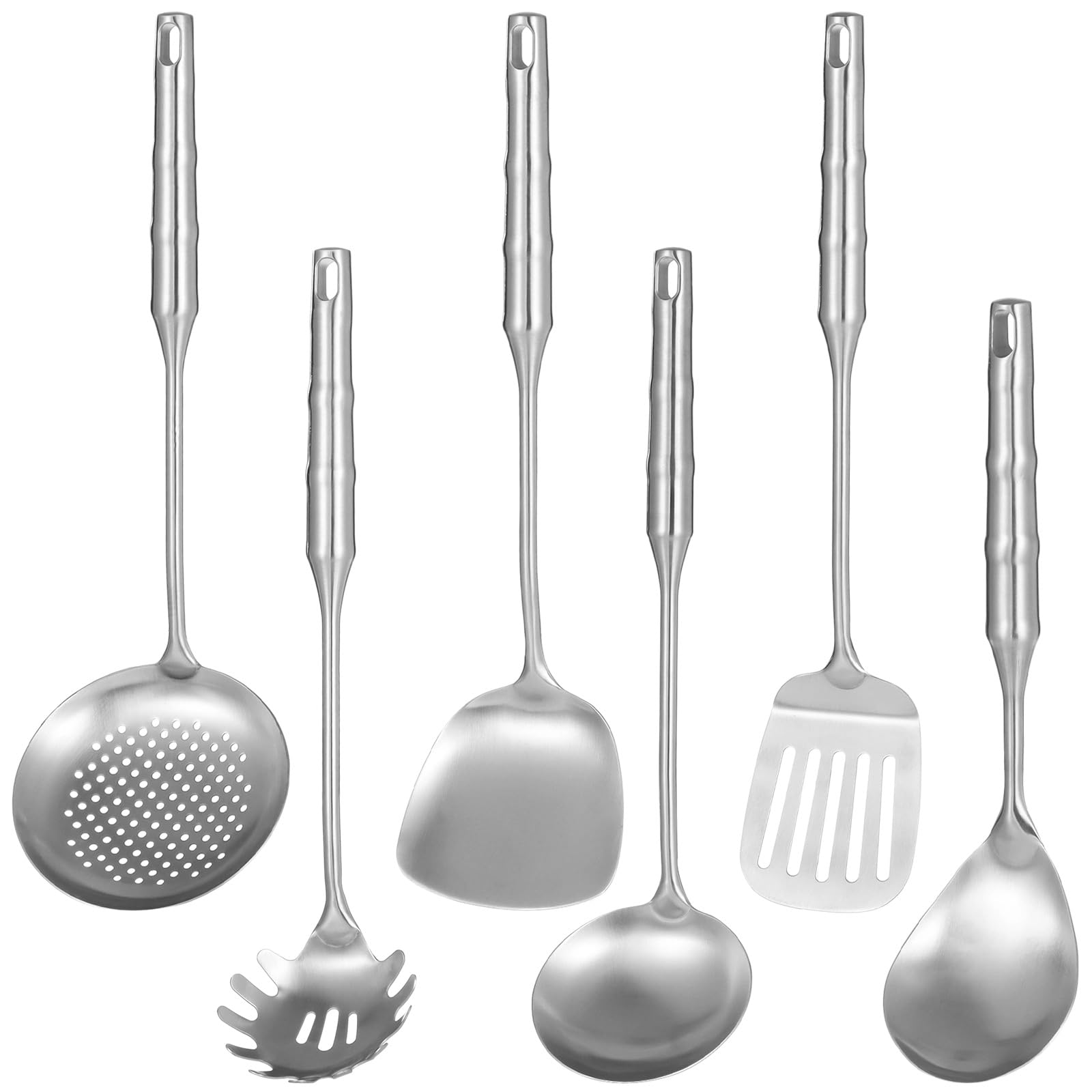 6 PCS Stainless Steel Cooking Utensils Set, Serving Utensils Kitchen Tools, Soup Ladle, Slotted Spatula, Skimmer, Spoon, Spaghet