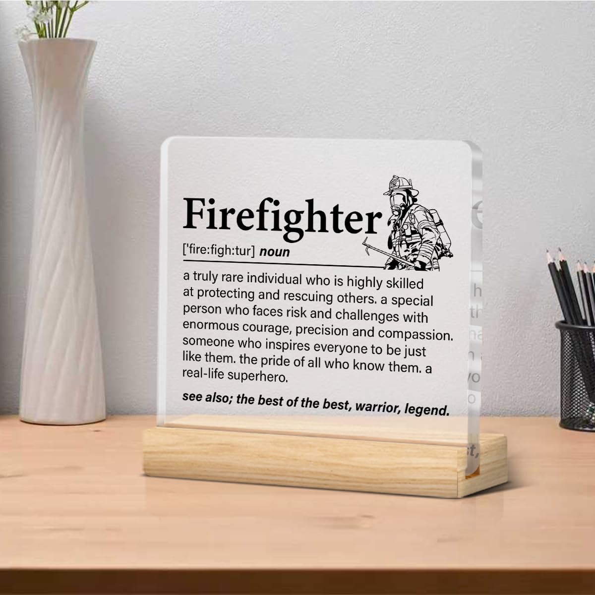 Firefighter Gifts for Women Men, Fireman Gifts, Firefighter Definition Clear Acrylic Desk Decorative Sign for Home Office, 4 x 4