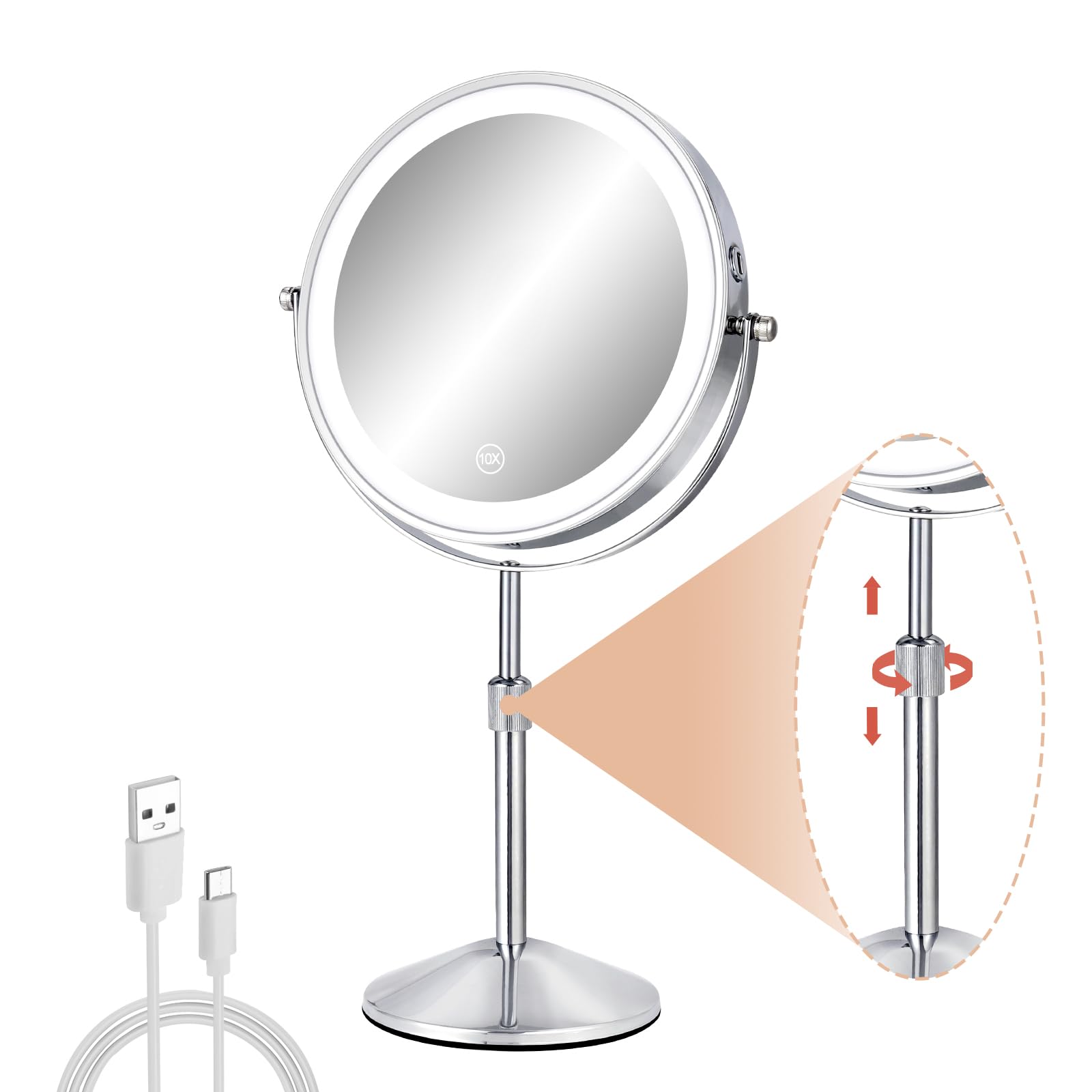 Ffowcye 8'' Lighted Makeup Mirror With Adjustable Height, 1X/10X Magnification, Rechargeable Led Vanity Mirror With 3 Color Mode