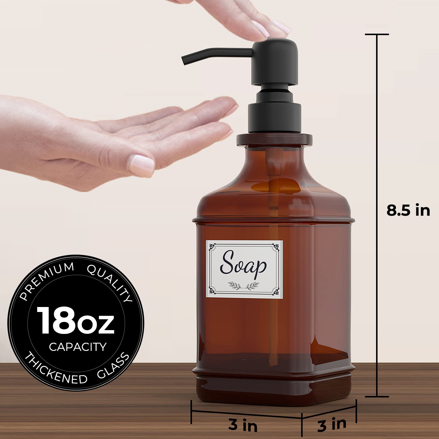 GLADPURE Soap Dispenser 2 Pack  Hand Soap Dispensers with 18 Oz Antique Design Thick Amber Glass Bottle  316 Rust Proof Stainless Steel Black Pump  6Pcs Stickers  for Lotion  Soap  Essential Oil