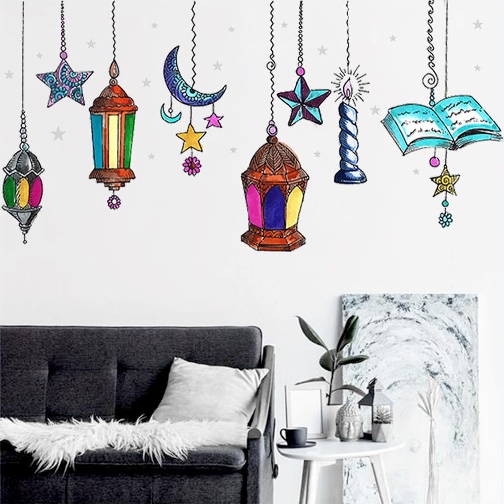 Eid Mubarak Wall Stickers Colorful Lantern Moon Star Wall Decals Ramadan Decorations For Home Bedroom Wall Paper Islamic Decor W