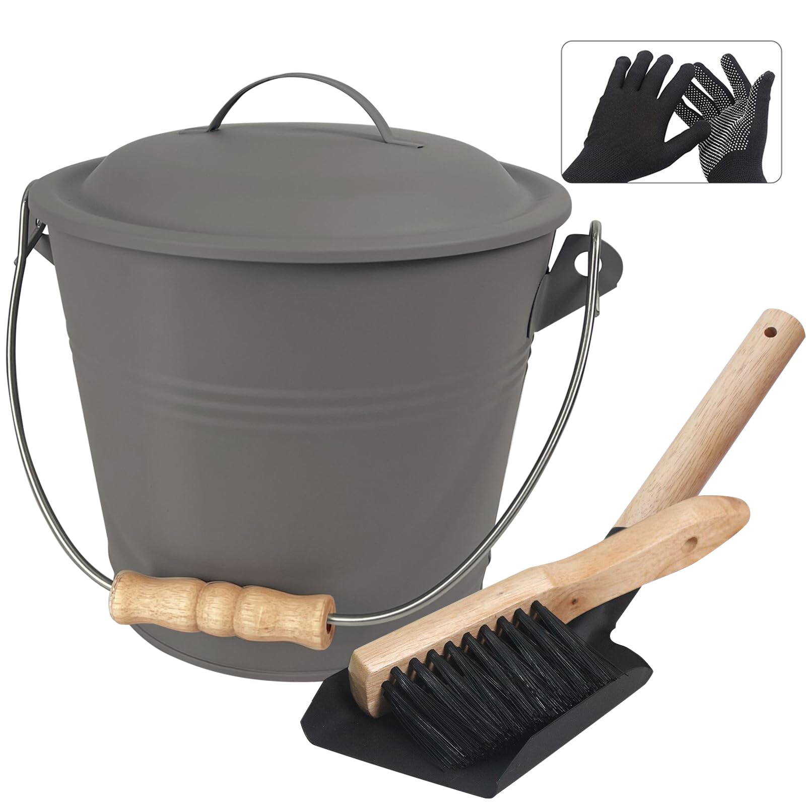 Brian & Dany Mini Ash Bucket With Lid And Shovel, 1.5 Gallon Fireplace Metal Bucket With Broom, Coal Bucket Ash Can For Fireplac