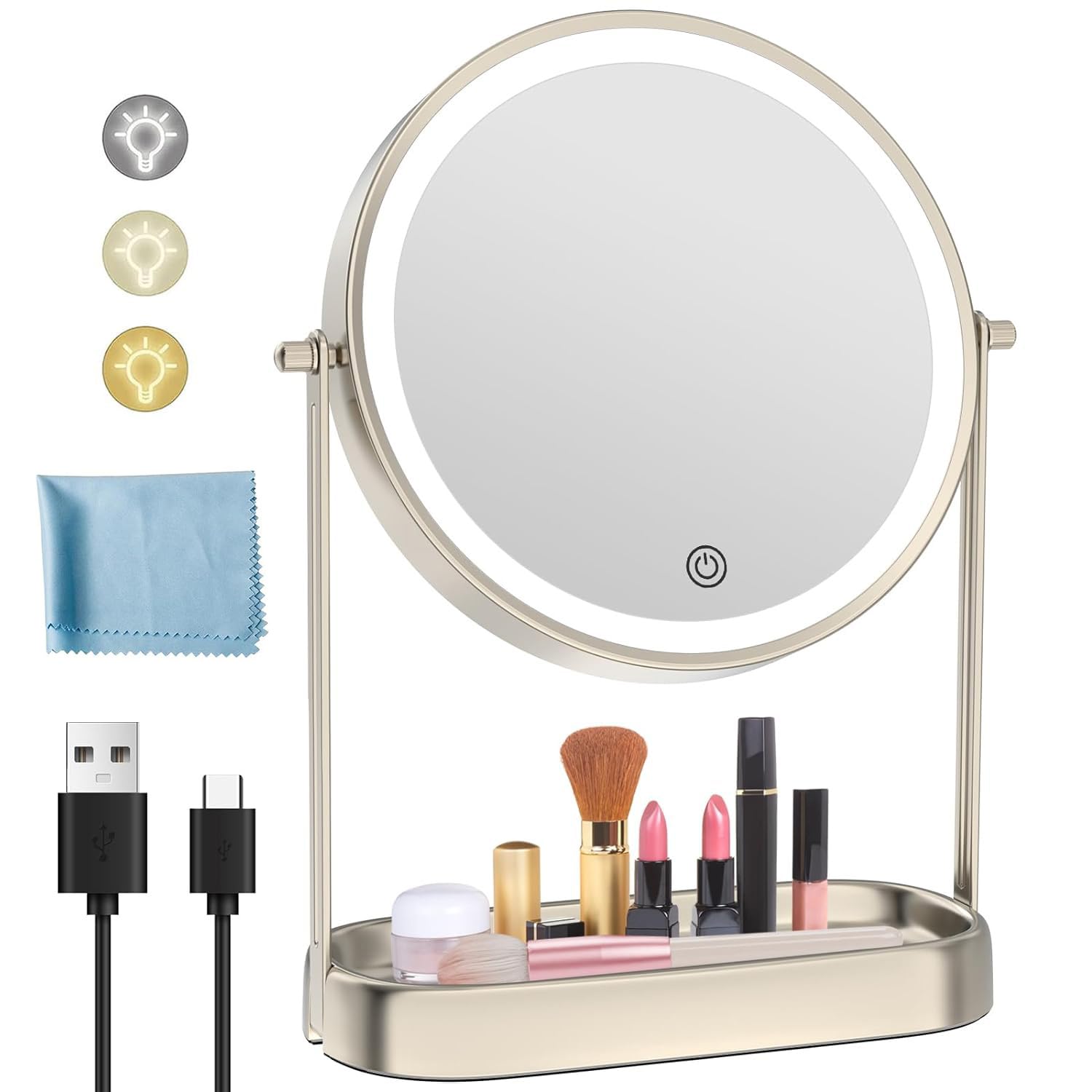 Fascinate 10X Lighted Makeup Mirror With Storage, Rechargeable Magnifying Mirror With Lights 8'', Brightness Adjustable, Double