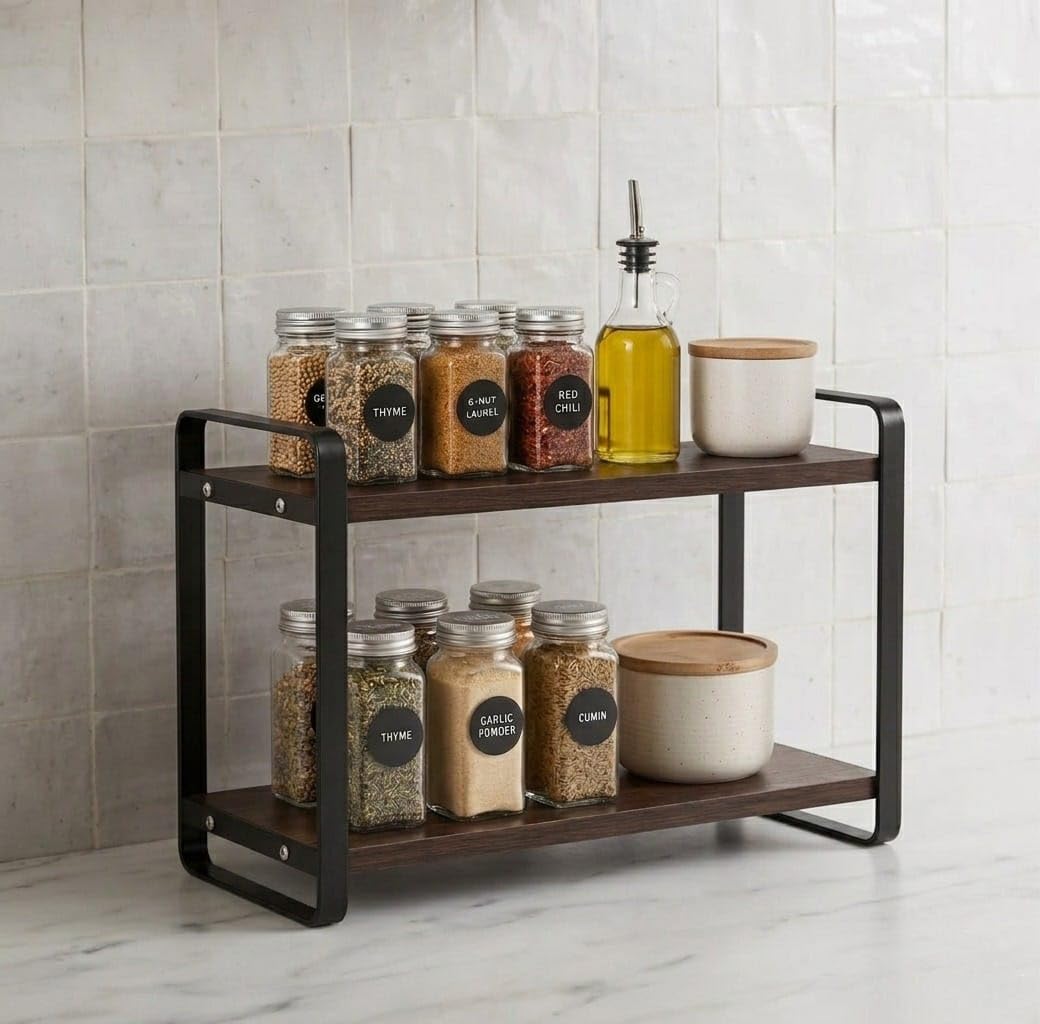 Firebees 2 Tier Metal Kitchen Counter Organizer, Wooden Kitchen Organizer Rack For Spices & Storage, Kitchen Shelf Stand, Masala