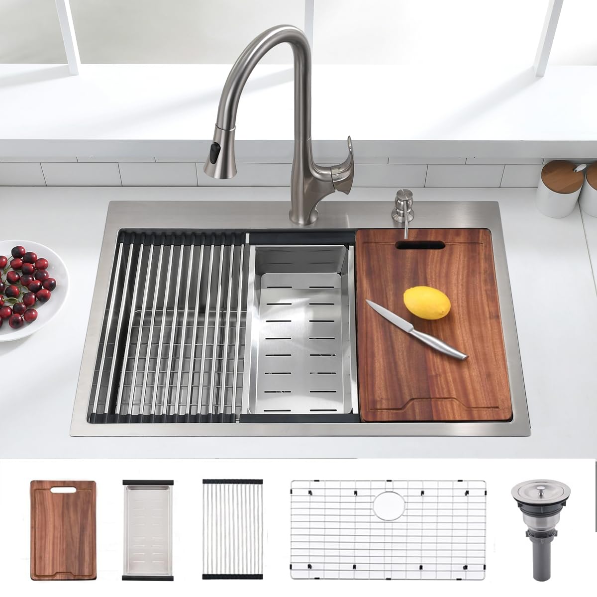 33-Inch Drop in Workstation Kitchen Sink - VOKIM 33 x22Inch Single Bowl Topmount 16 Gauge Stainless Steel 10'' Deep Handmade Kitchen Sink with Cutting Board& Strainer