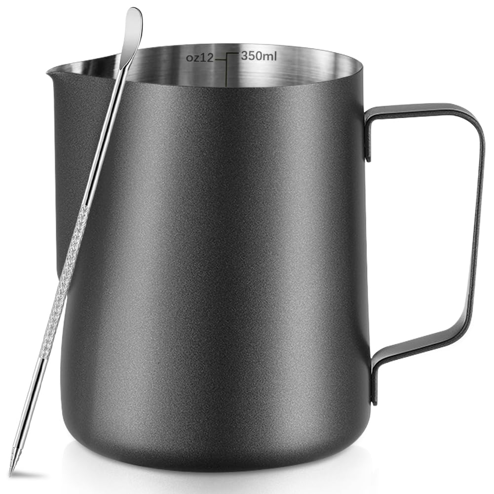 Frothing Milk Pitcher, 12 Oz/350 Ml Stainless Steel Frothing Milk Jug With Latte Art Pen,With Internal Measurements, For Cappucc