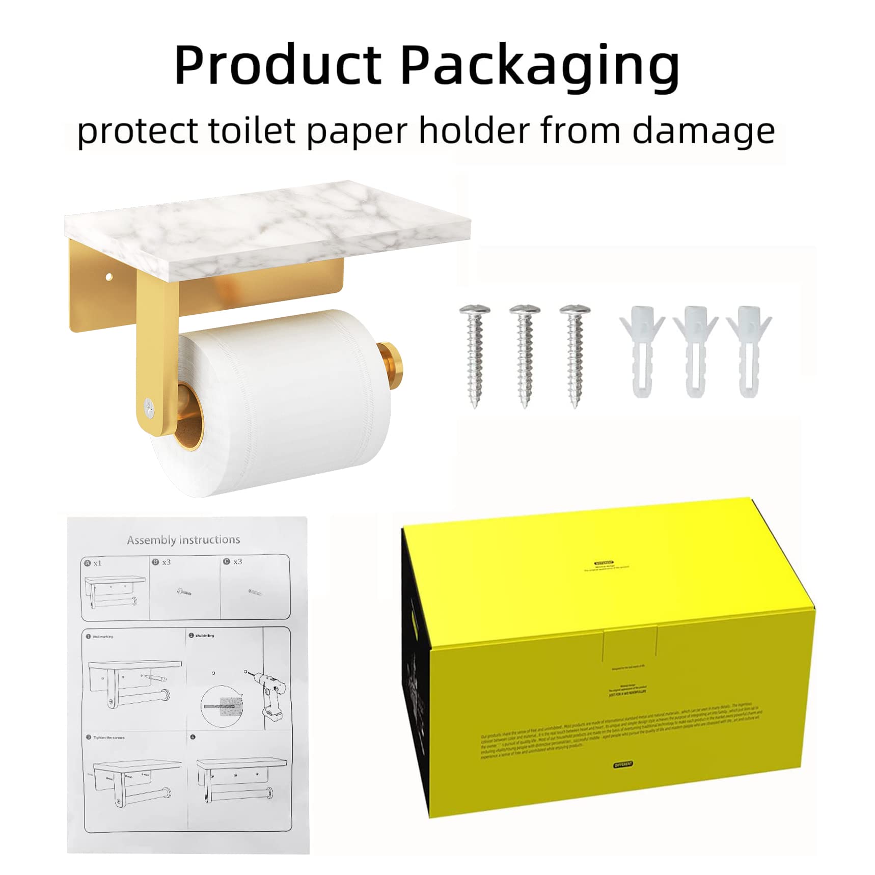 Brushed Gold Toilet Paper Holder with Natural Marble Shelf  304 Stainless Steel Screw Wall Mounted  Tissue Roll Paper Holder Dispenser for Bathroom Washroom