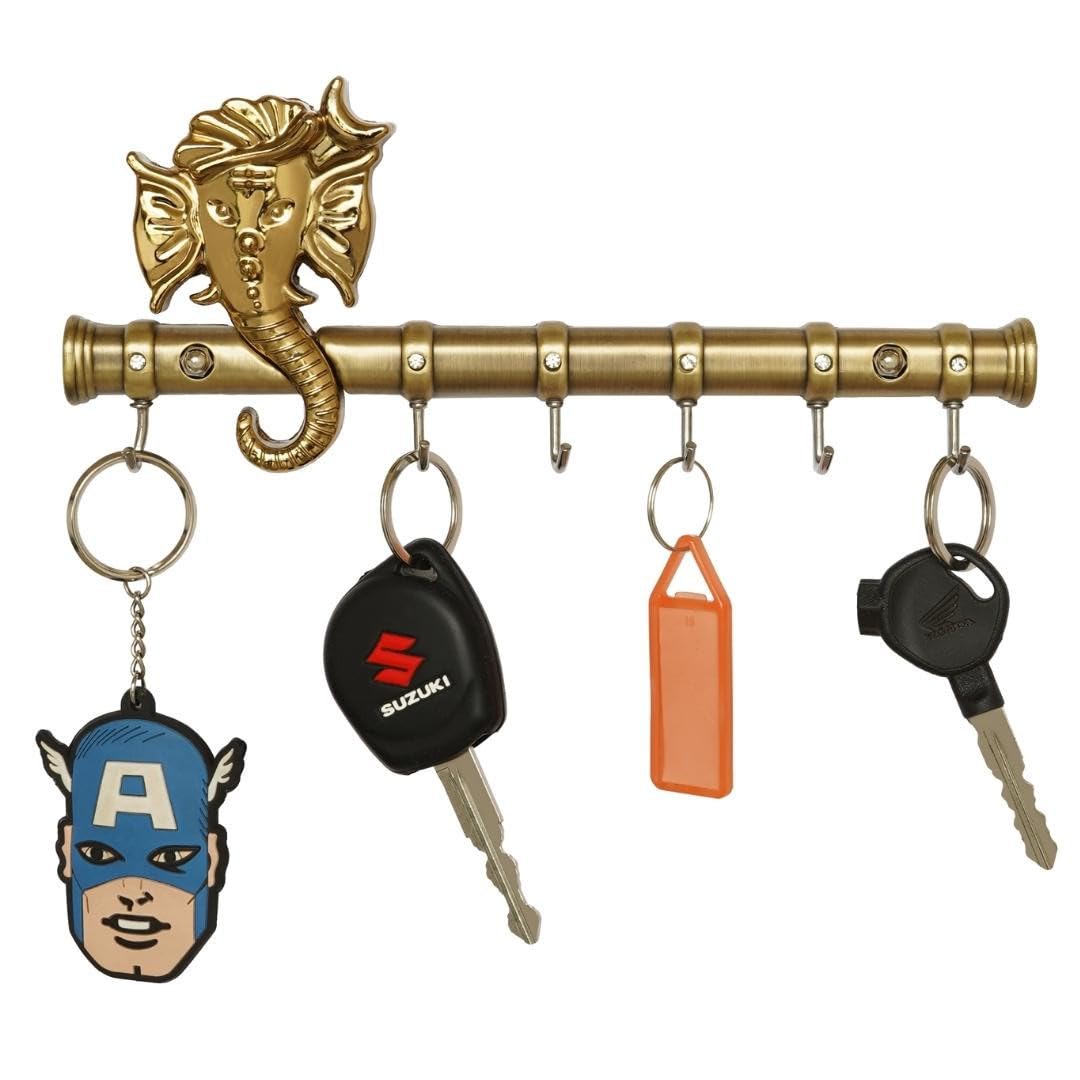 Rkoing Ganesha Key Holder Lord Ganpati Key Stand Home Design Key Holders with 6 Hooks Wall Mounted Heavy Metal Black Finish (Gol