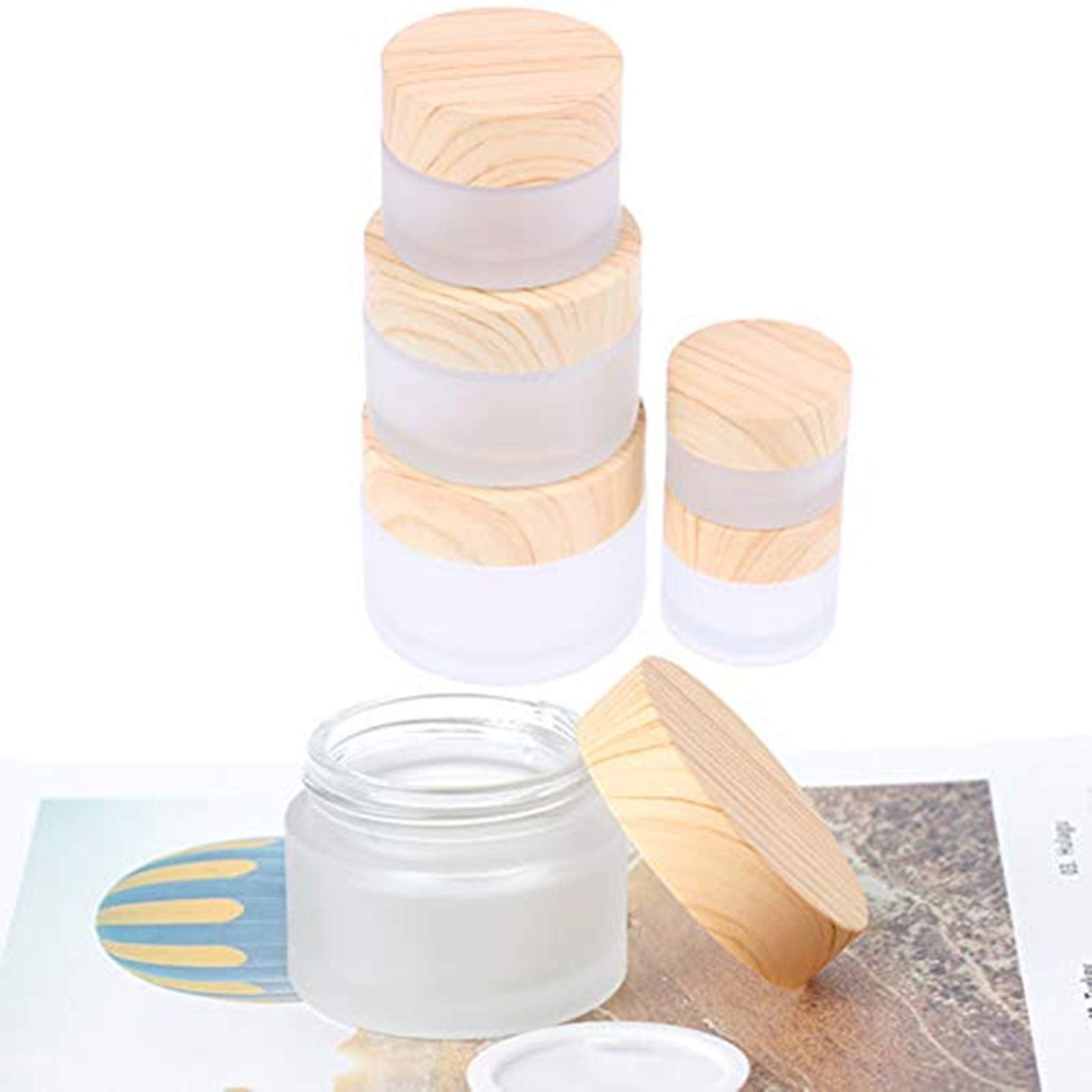Healthcom 12 Packs 1 Oz Empty Jars 30Ml Round Frosted Glass Cream Jar Bottles Holder With Wood Grain Lids Refillable Case Vial P