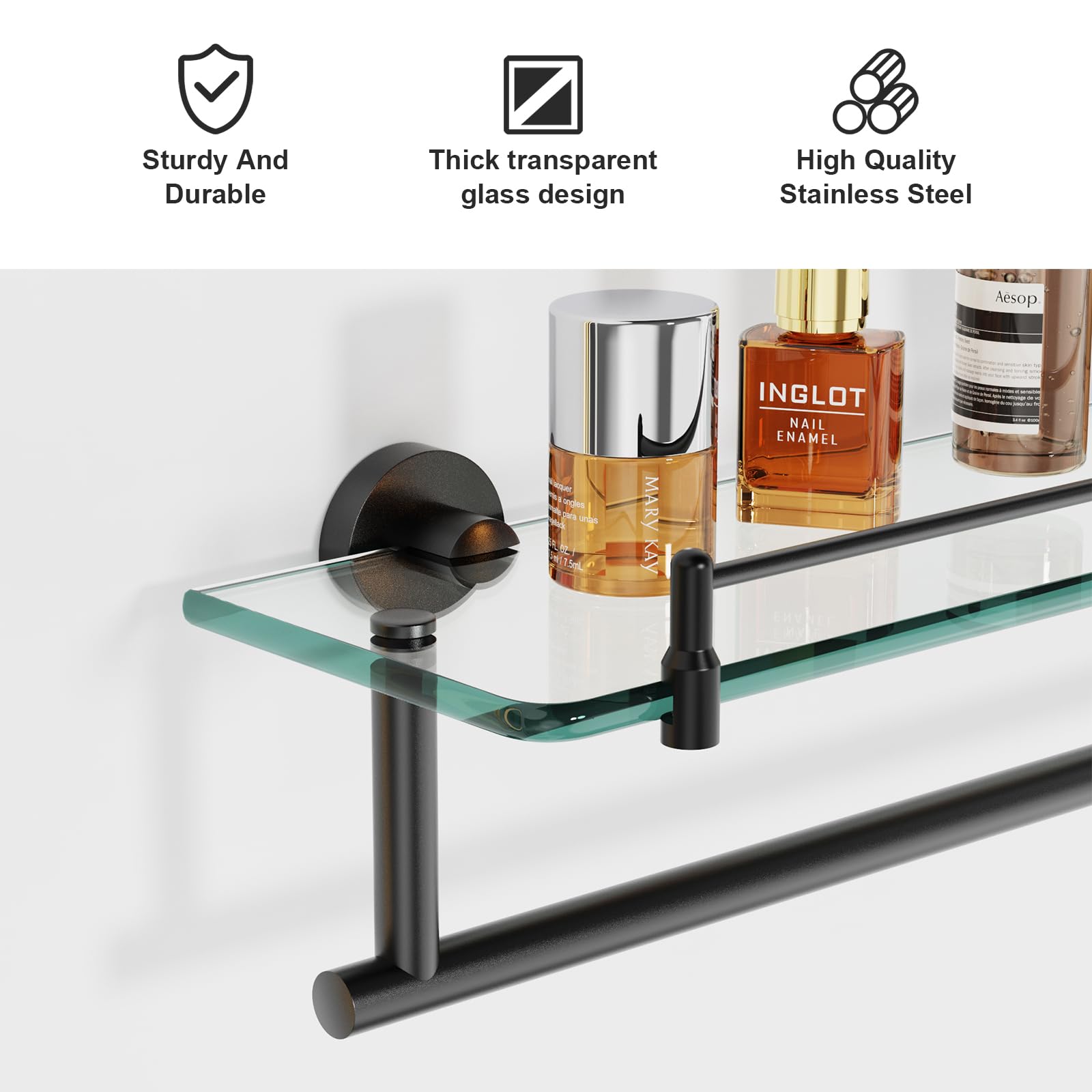Kocok Bathroom Glass Shelf With Towel Bar,20-Inch Black Floating Glass Bathroom Shelves With Towel Rack Stainless Steel Tempered