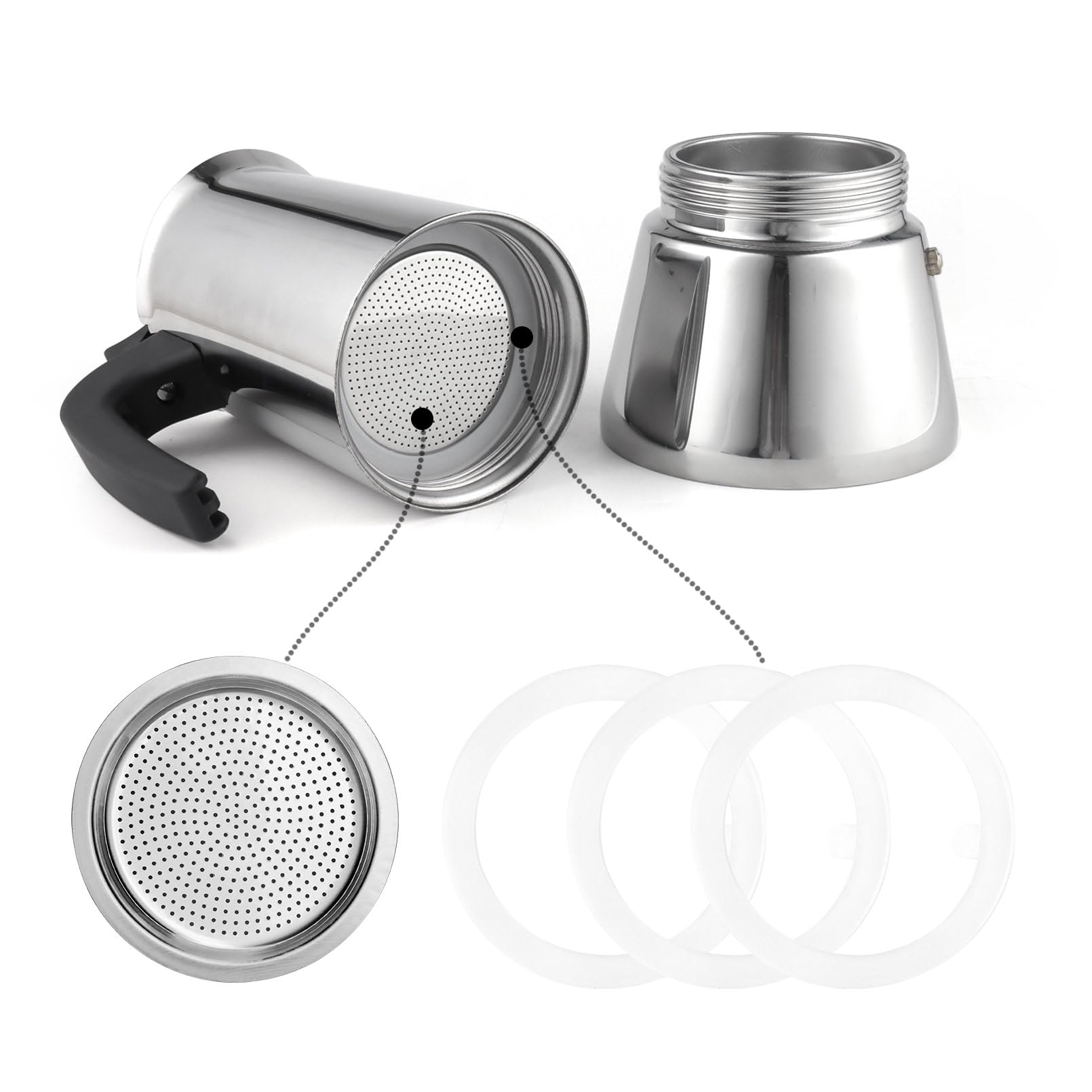 Sivaphe 9 Cups Stovetop Espresso Coffee Maker Replacement Infuser Parts Stainless Steel For Italian Moka Pot, 1 Filter And 3 Sil