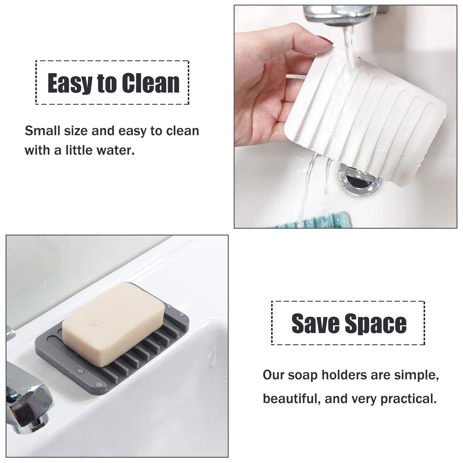 MODENGKONGJIAN Self Draining Soap Dishes - 3 Pcs Silicone Holder, Waterfall Design, Colors: White, Gray, Teal, Model FZH-3PCS