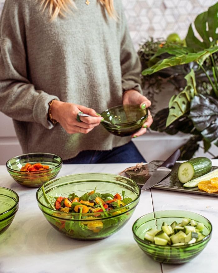Duralex Gigogne Glass Stackable Mixing Bowls/Prep Bowls Set of 6, Green. 32 oz./ 6.75