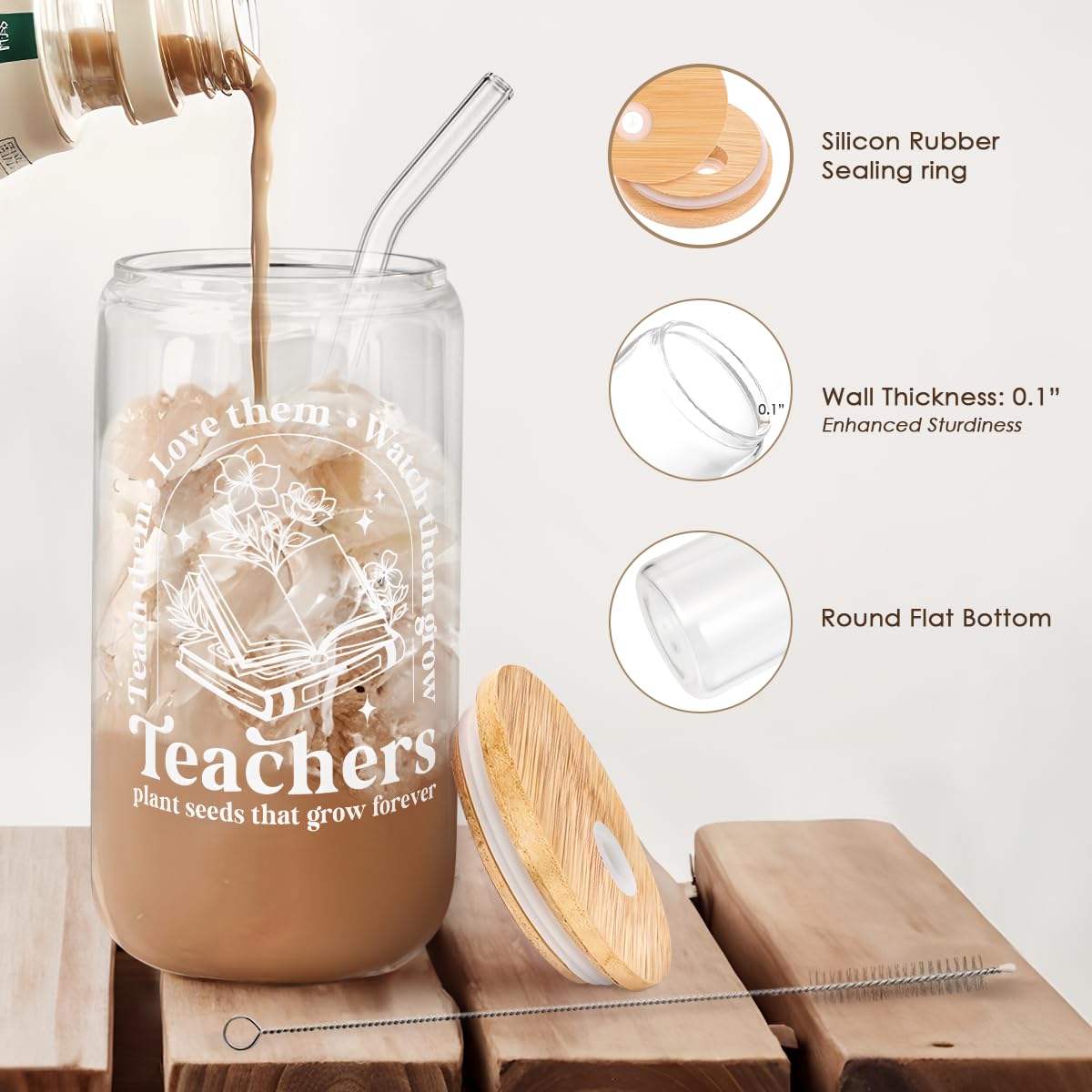 Teacher Glass Can, Teachers Plant Seeds That Grow Forever Cup with Lid & Straw, Coffee Aesthetic Cups, Gift for Christmas Teache