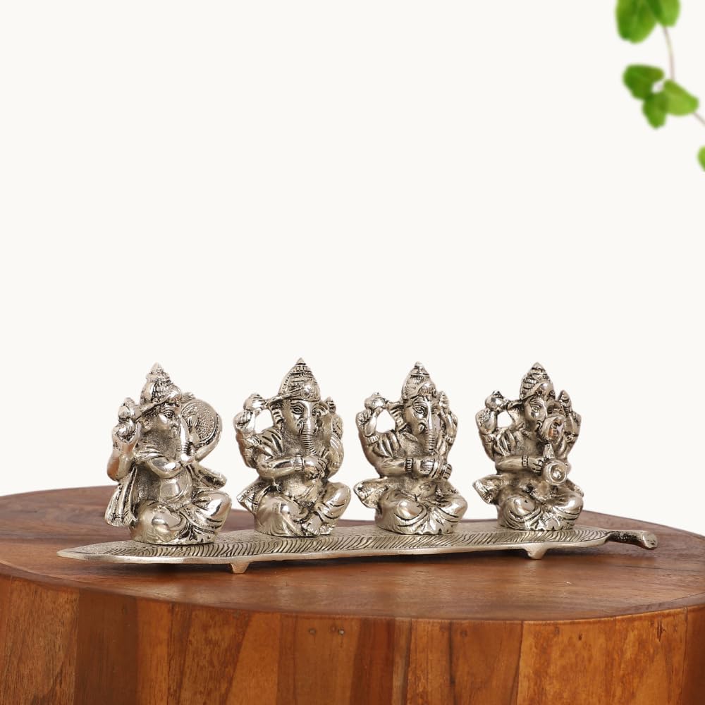 Smiles Gift Silver Plated Musical Ganesh Idol | Aluminium Figurines | Showpiece For Table, Pooja, Mandir & Return Gift