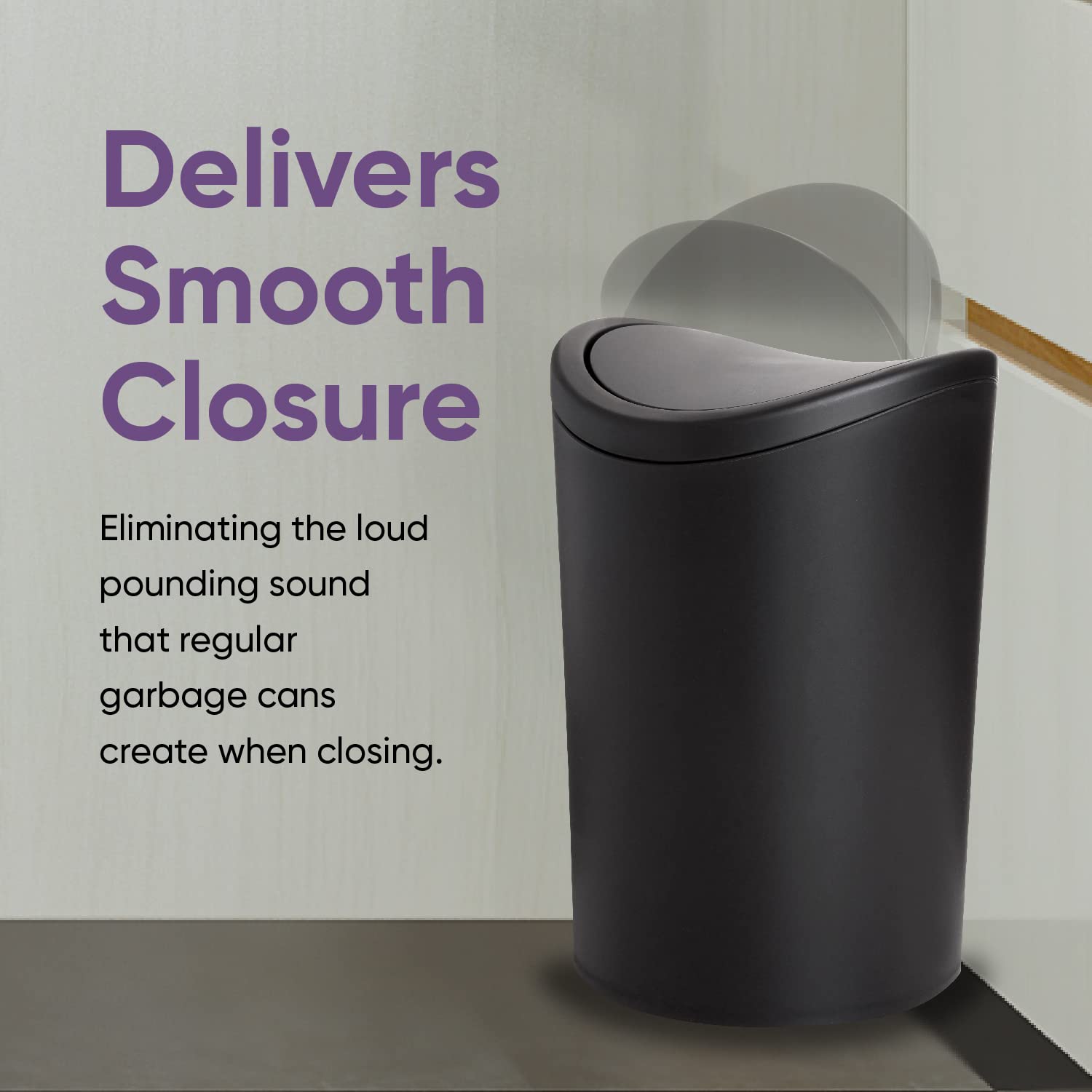 Superio Small Bathroom Trash Can With Lid, Modern Matte Black Mini Waste Bin With Swing Lid (1 1/2 Gallon, 6 Liter) Plastic Garb