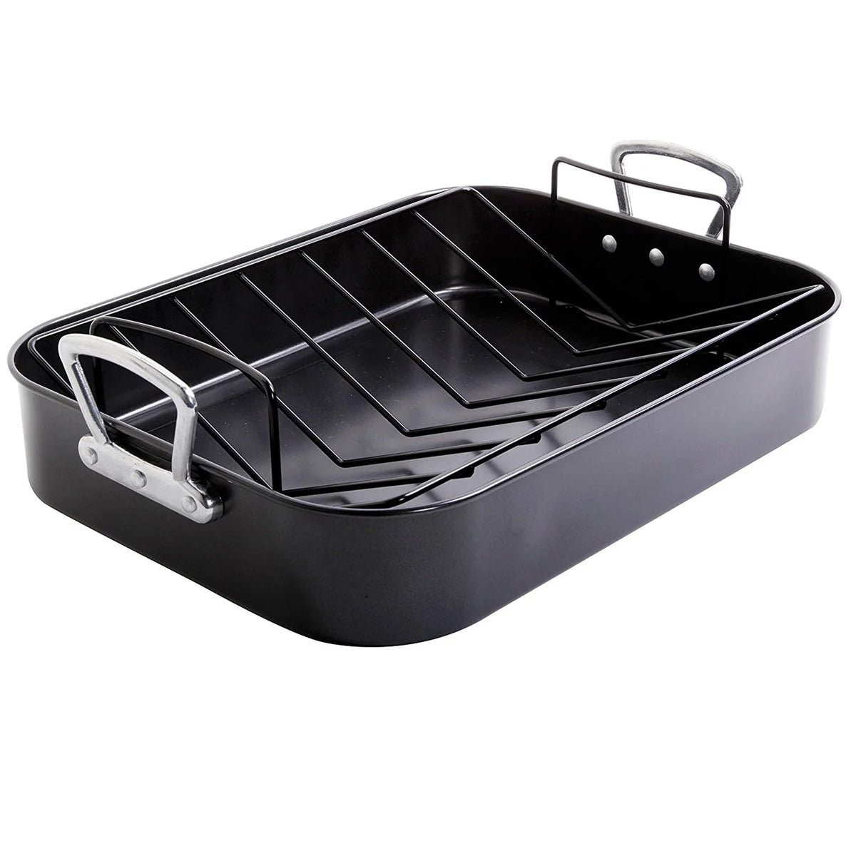 Gibson Home French Roaster 2 Piece Carbon Steel Indoor Oven Baking Roasting Non Stick Turkey Chicken With Roast V Rack, Black