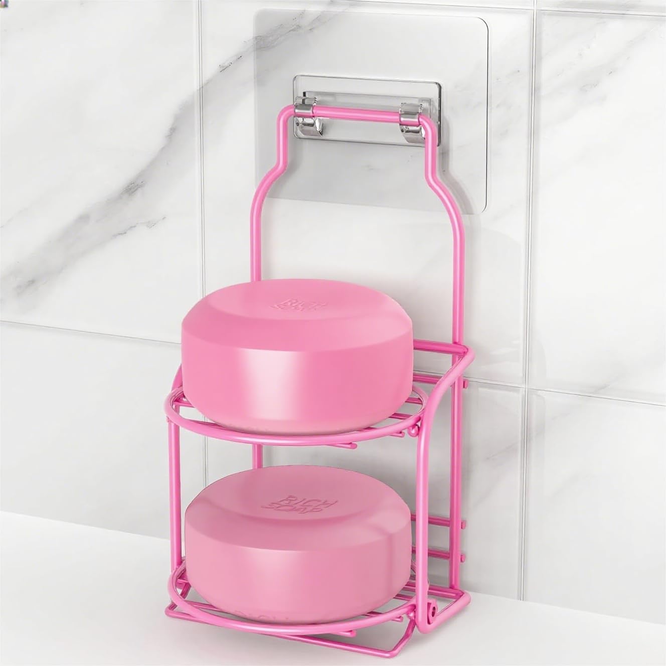 2-Tier Pink Shower Soap Shampoo Bar Holder, Self Adhesive & Freestanding Draining Soap Dish Caddy for Bathroom