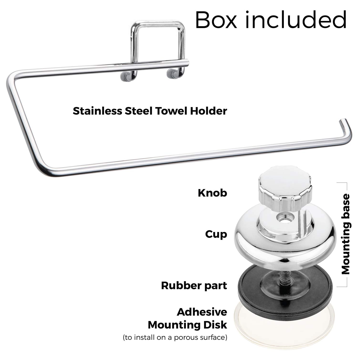 Hasko Accessories - Suction Cup Paper Towel Holder- Chrome Plated Stainless Steel Bar For Bathroom & Kitchen (Chrome)