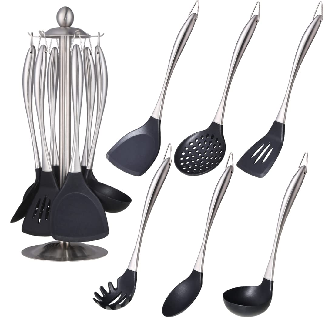 Qobimoon Silicone Cooking Utensil Set, 6 Pcs Silicone Cooking Kitchen Utensils Set, Non-Stick Kitchen Cookware Titanium Stainles