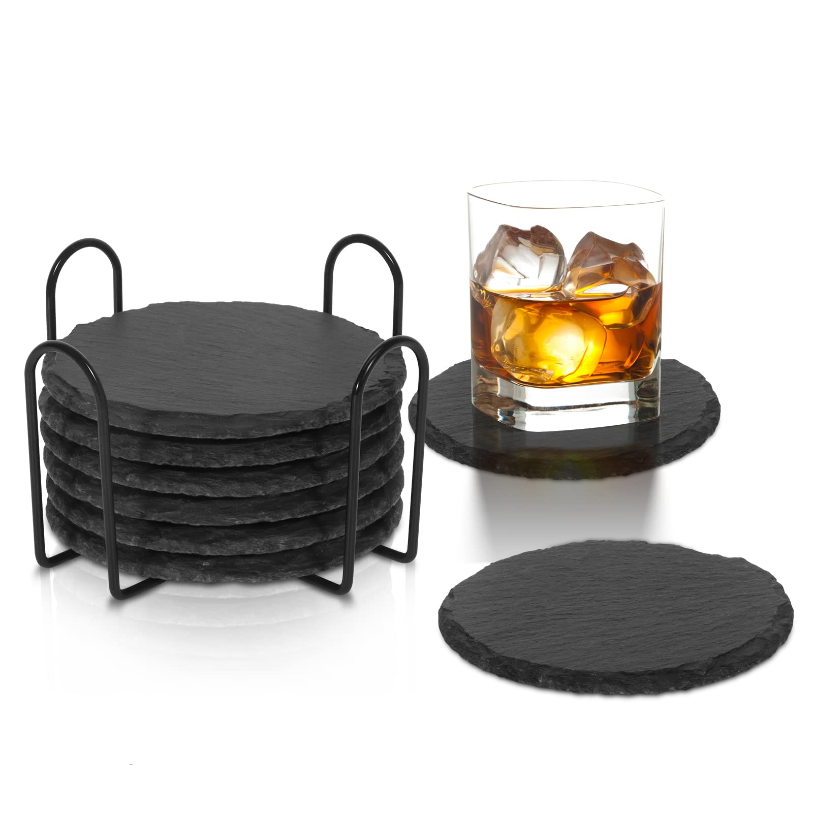 Handmade Slate Stone Coasters For Drinks - Set Of 8 - Black Drink Coasters With Holder - Non-Slip Cup Mat Anti-Scratch Table Coa