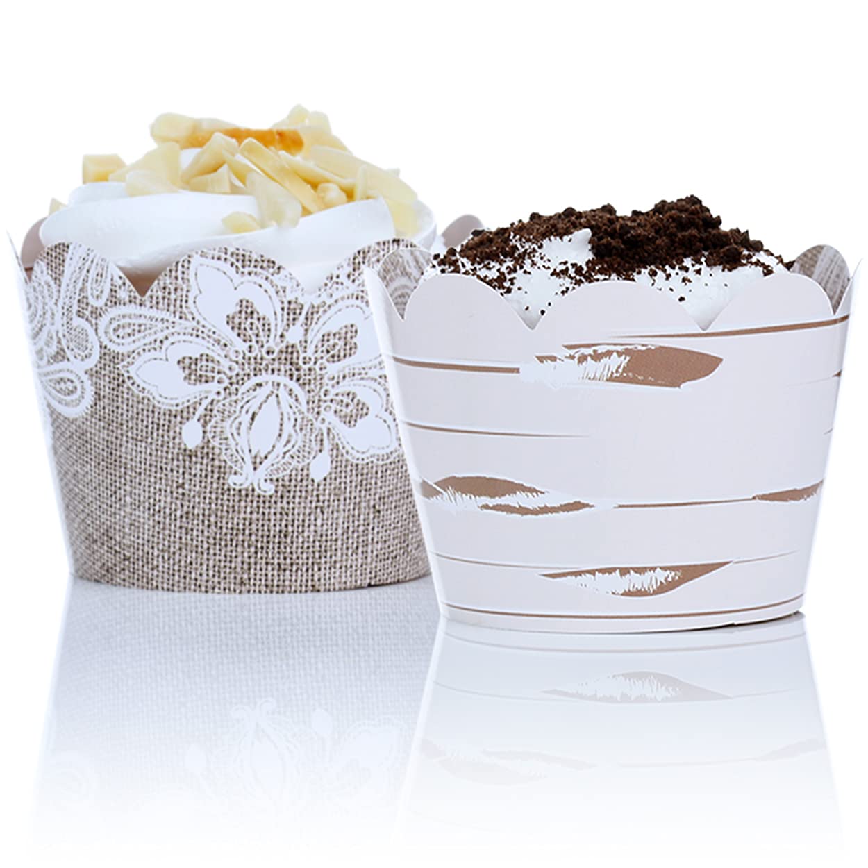 Burlap And Lace Cupcake Wrappers, 48 Count - Rustic Birch And Wood Grain Design, Burlap Cupcake Wrappers For Weddings And Partie
