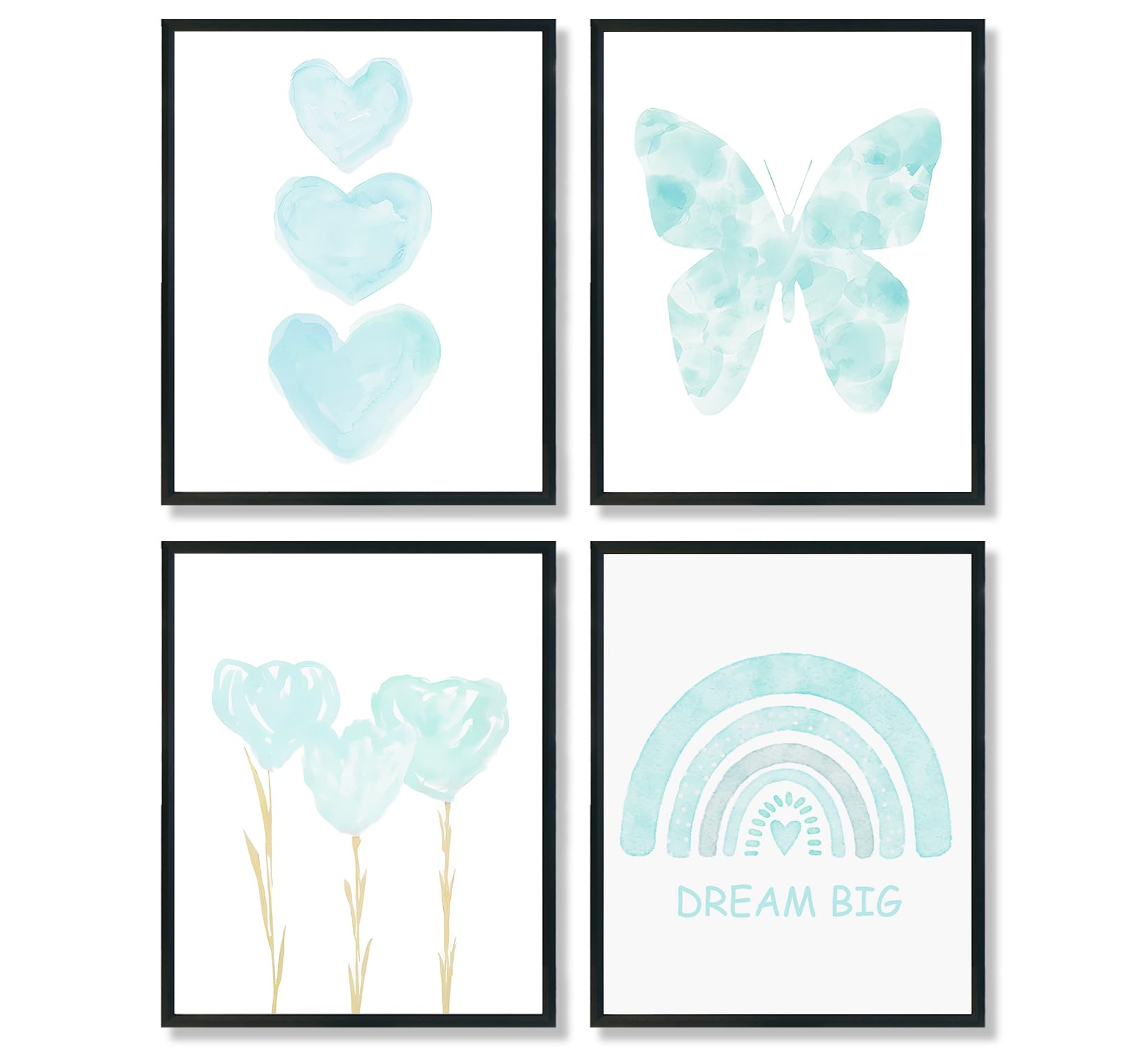 Ulegie Toddler Girl Room Decor, Blue Girls Room Nursery Dream Big Wall Art Prints Set Of 4, Watercolor Pink Butterfly Rainbow Fl