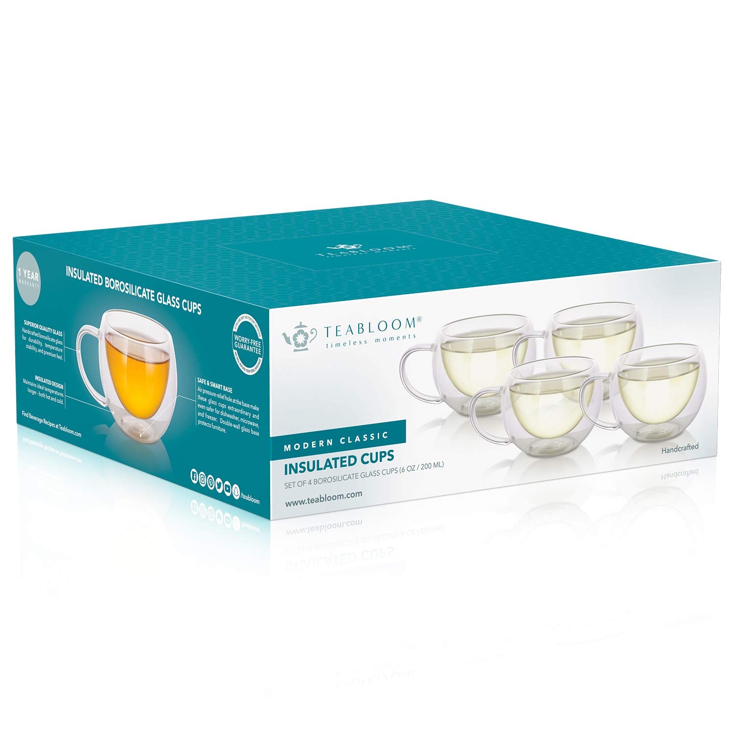 Teabloom Modern Classic Insulated Cups - 6 Oz / 200 Ml - Set Of 4 Double Walled Glass Cups For Tea Or Espresso