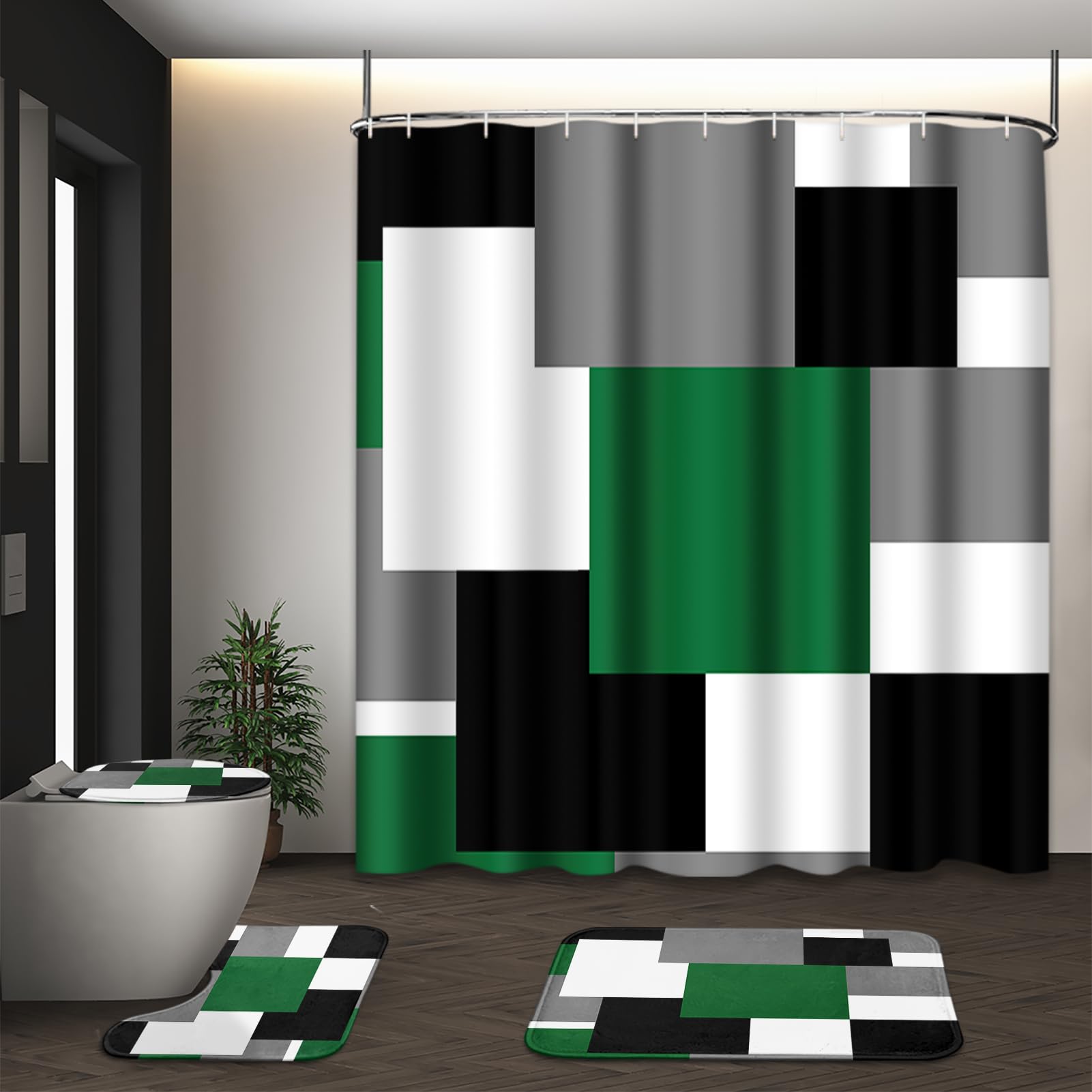 Tayney Green Geometric Shower Curtain Set With Toilet Lid Cover And Non-Slip Rugs For Bathroom, Grey Black White Checkered 4 Pcs