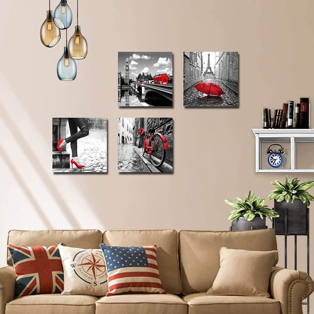 Ymyxmc33 Black And White Wall Art Canvas Print Paris Eiffel Tower 4 Panels Red Pictures Decor Living Room Bedroom Bathroom