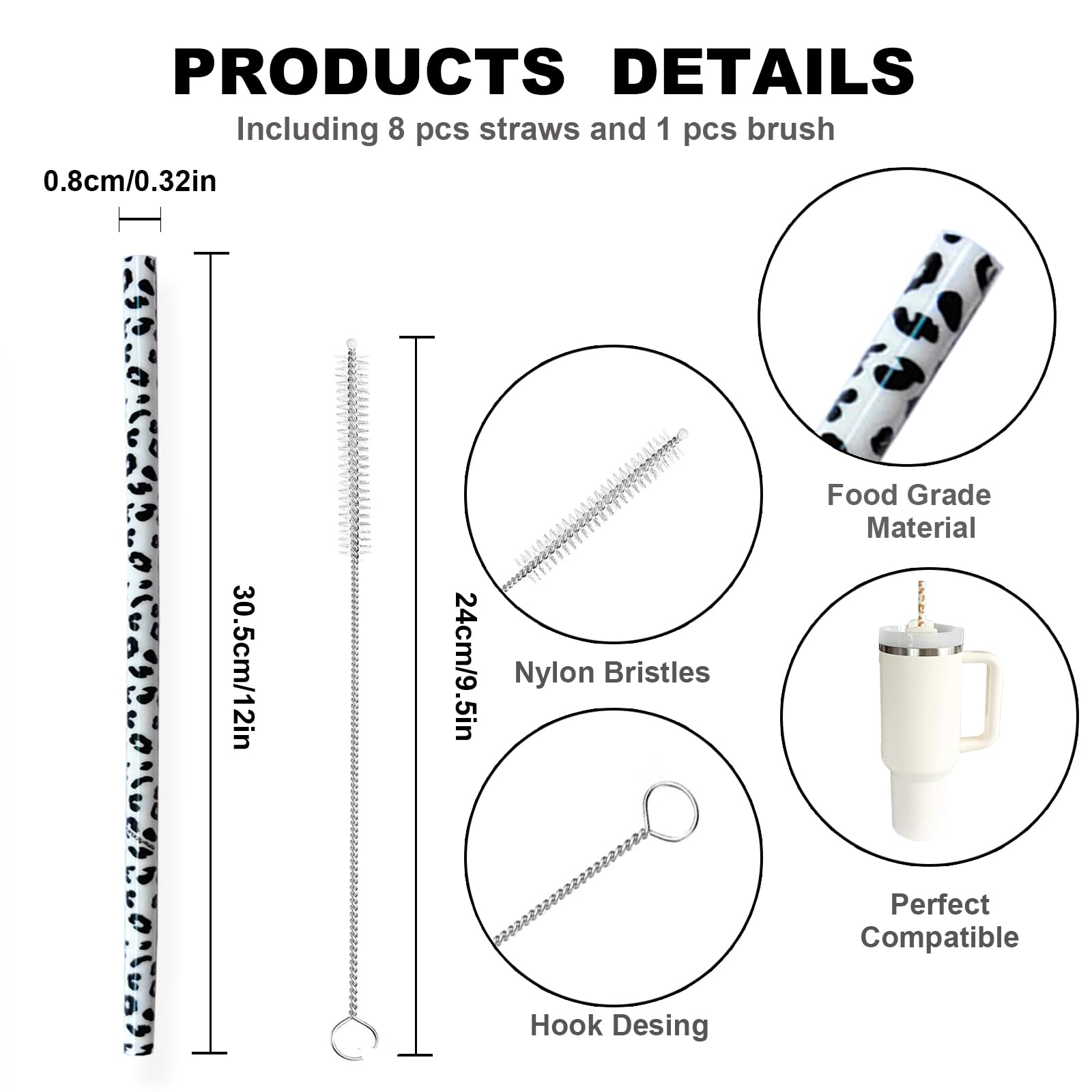 40Oz Replacement Straws 8 Pack | 40Oz Tumbler Leopard Straws, Cheetah Straws, Iced Coffee Straws, 12 Inches Extra Long Straws, L