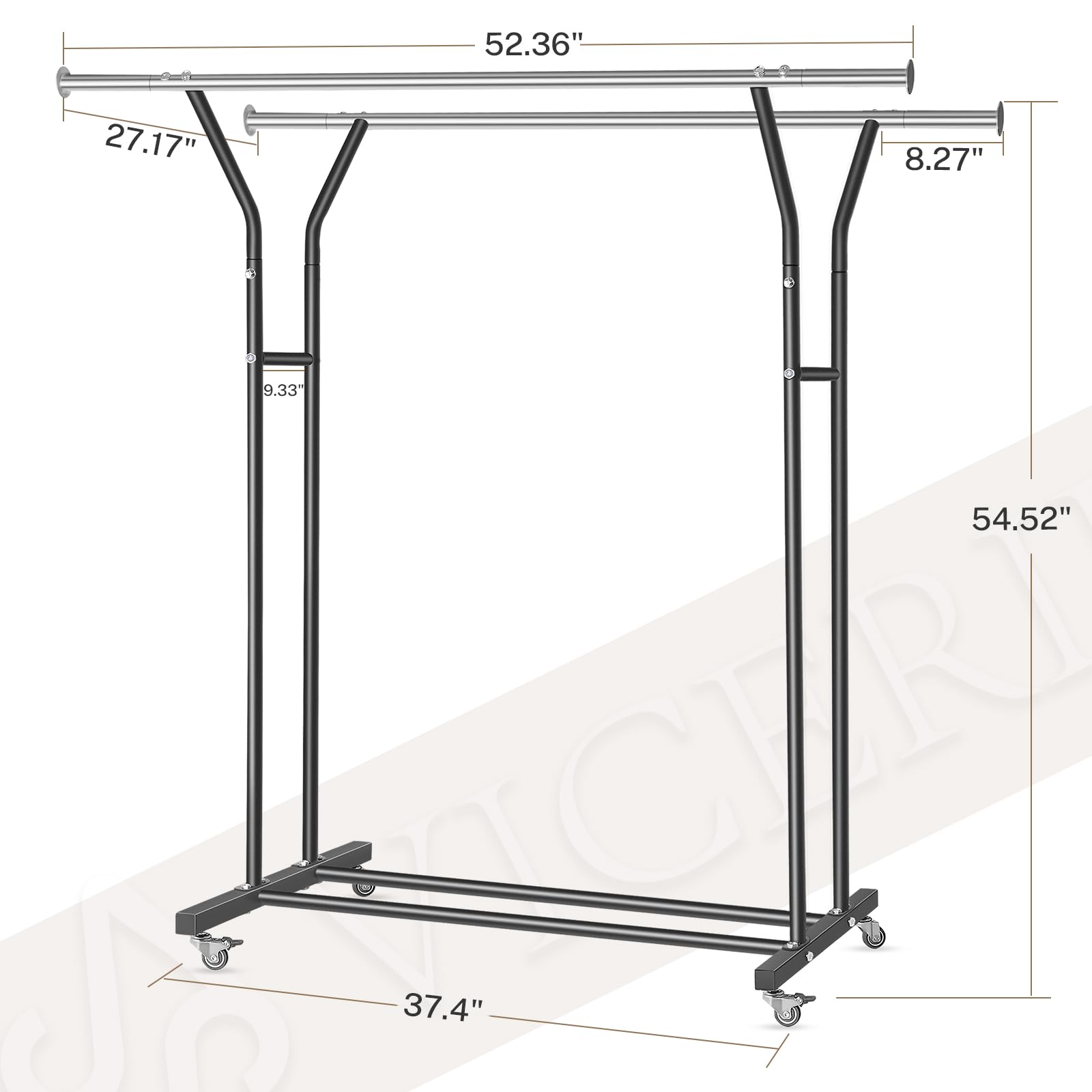 Vicerii Clothing Rack, Heavy Duty Clothes Rack With Wheels And Bottom Shelf, 52.36 Metal Double Clothing Rack With Wheels, Wardr