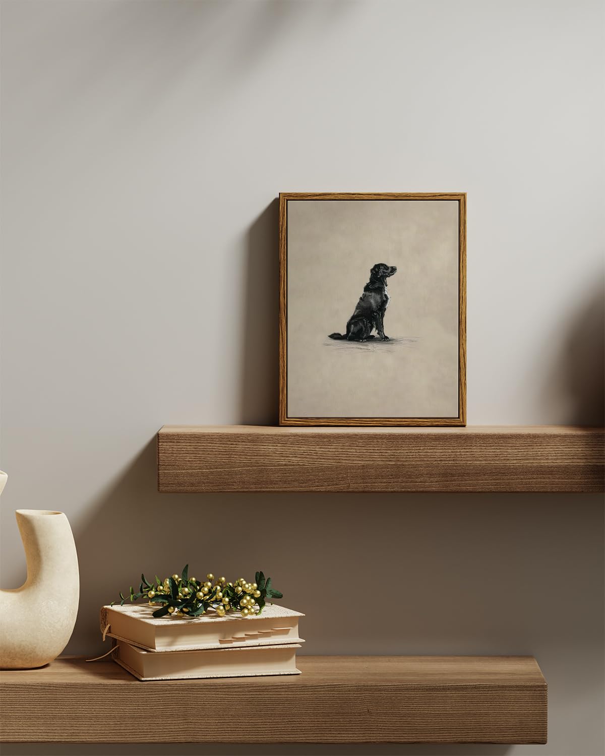 Viyyiea Vintage Framed Black Dog Wall Art, Bedroom Living Room Minimalist Animal Art Decor, Antique Dog Canvas Print Paintings,