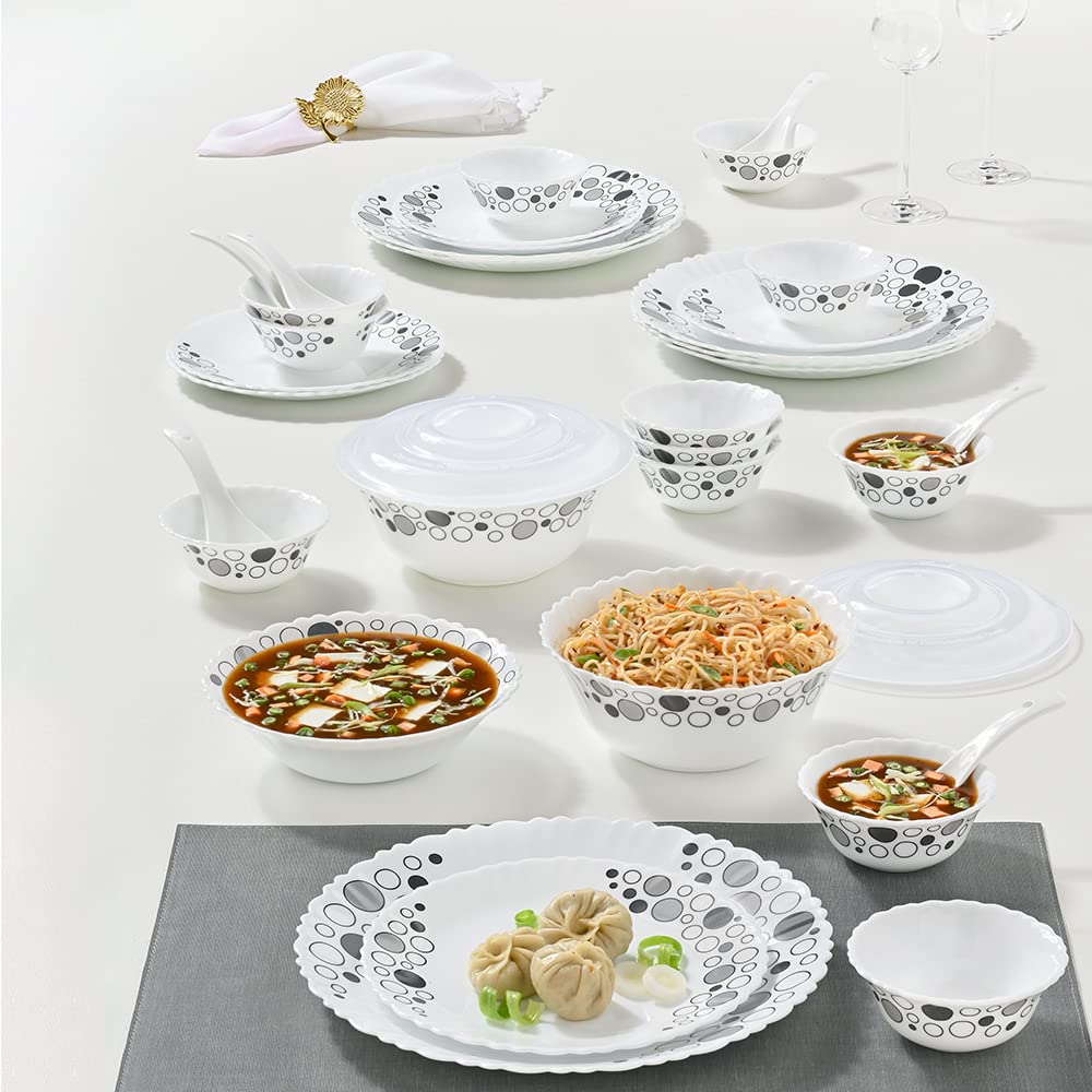 Larah by Borosil Luna Silk Series Opalware Dinner Set | 35 Pieces for Family of 6 | Microwave & Dishwasher Safe | BoneAsh Free 