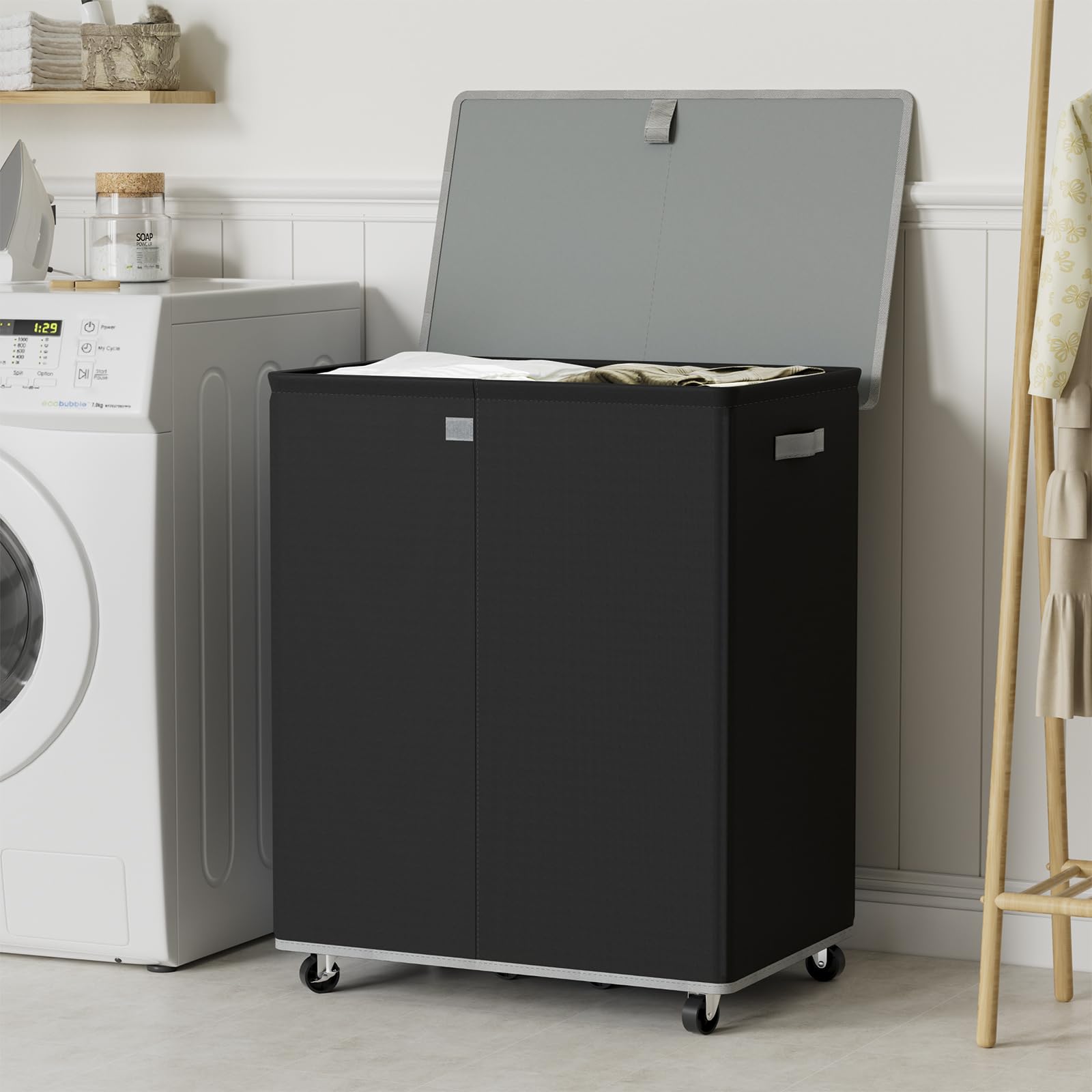 Chrislley Double Laundry Hamper With Wheels 160L Large Laundry Basket With Lid,Rolling Dirty Clothes Hamper 2 Section With Remov