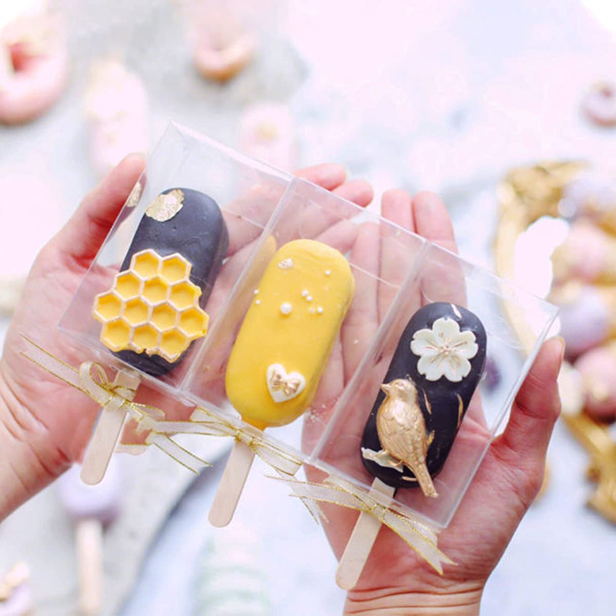 Doerdo Dd 75Pieces Clear Popsicle Cakesicle Boxes Set, Include Transparent Pet Ice Cream Box And 50Pieces Wooden Popsicle Sticks