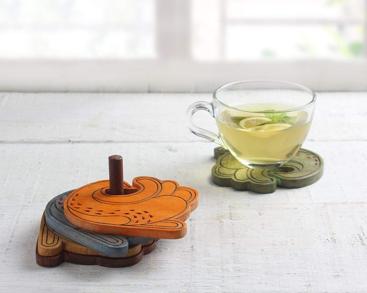 Store Indya Designed Wooden Coasters Set 4-Pack Set (Peacock Colorful)