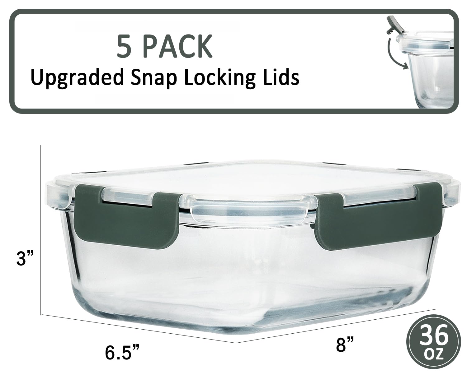 M Mcirco [5-Packs, 36 Oz Glass Meal Prep Containers With Snap Locking Lids Glass Food Containers,Airtight Lunch Container,Microw