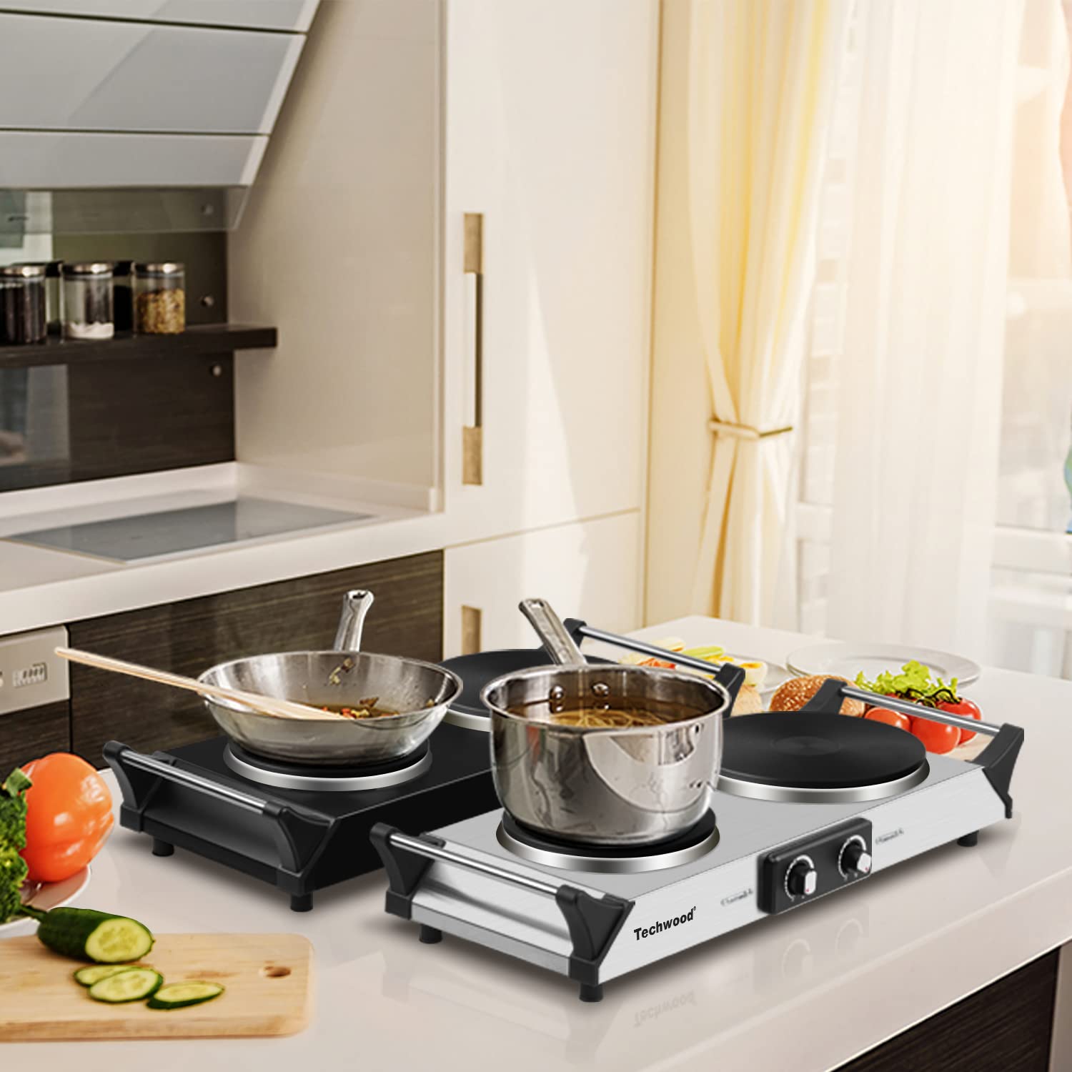 Hot Plate  Techwood Doubel Burner for Cooking  1800W Countertop Electric Stoves with Adjustable Temperature & Stay Cool Handles  Dual Cooktop for RV/Home/Camp  Upgraded Version Stainless Steel  Silver