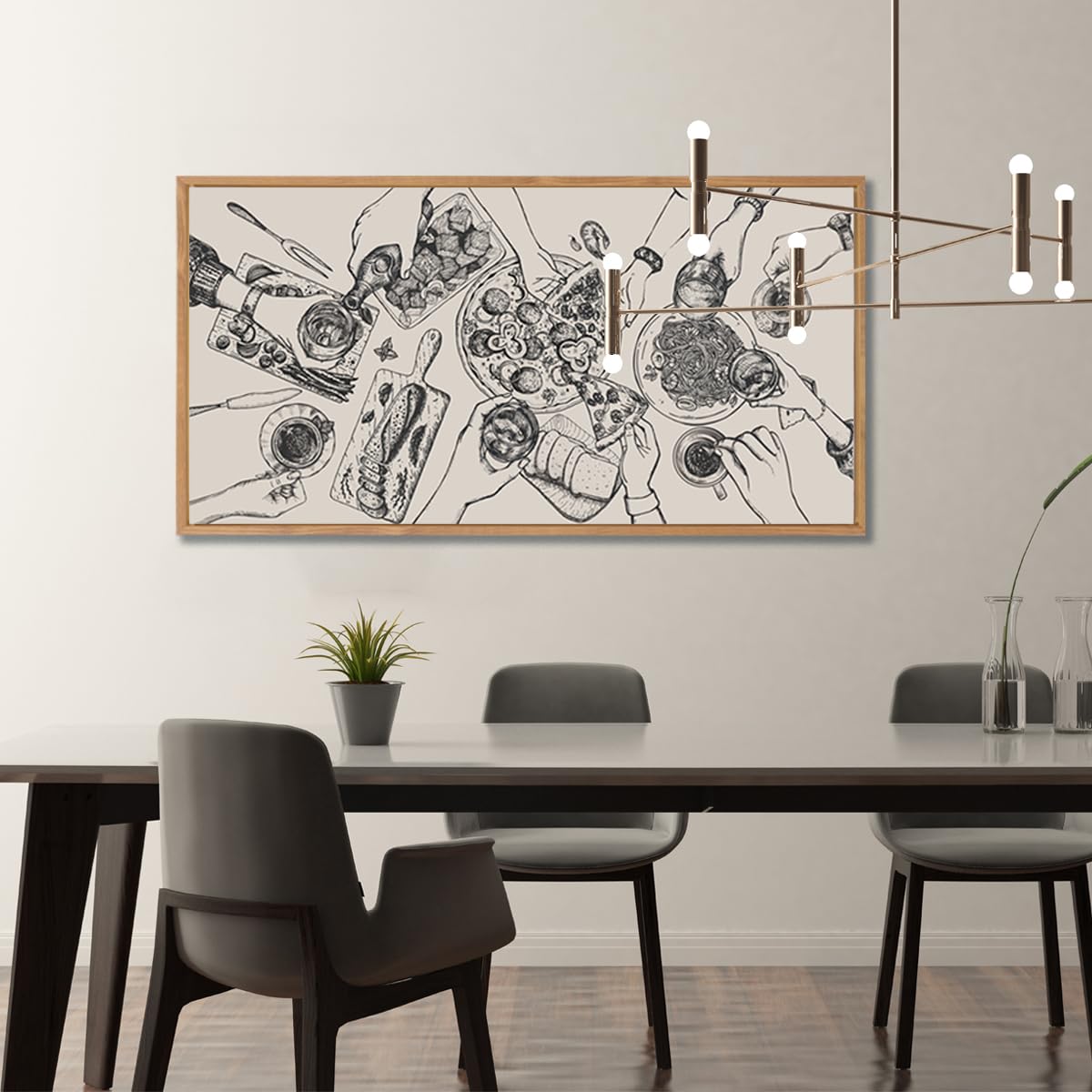 Bincue Large Framed Wall Art Food And Drink Canvas Wall Decor Pizza Cheers Sketch Painting Retro Canvas Wall Art For Kitchen Din