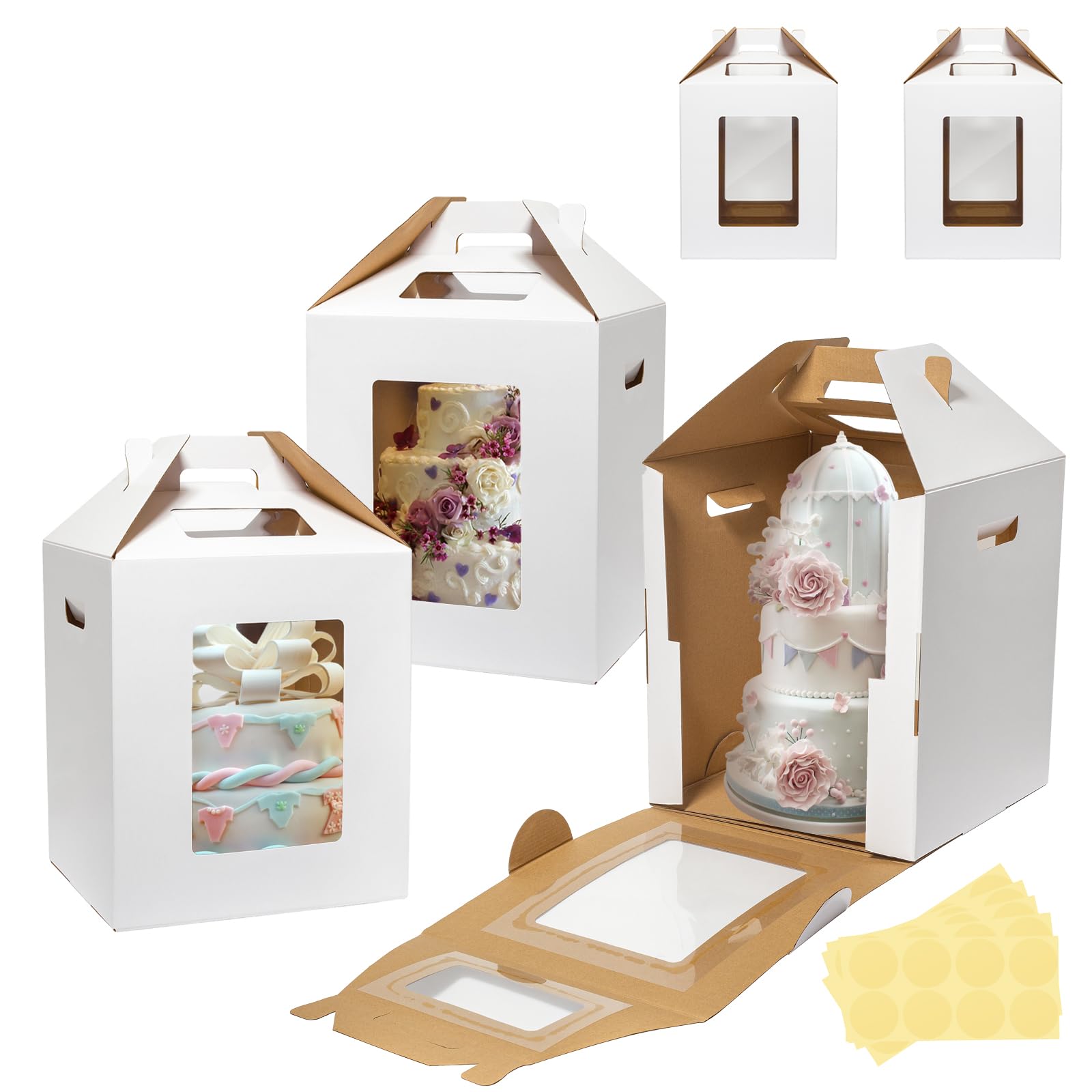 Wowxyz 5 Pack Tall Cake Boxes for Tier Cakes 16x16x18 Inch Disposable Layer Tall Baking Carrier with Window Large Tierd Bakery T
