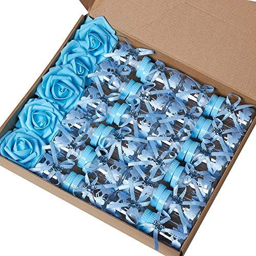 MACTING 2 Dozens 3.5 Inch Feeding Bottle Candy Box with 5 PCS Artificial Flower Rose for Guest Gifts Table Centerpieces Baby Sho