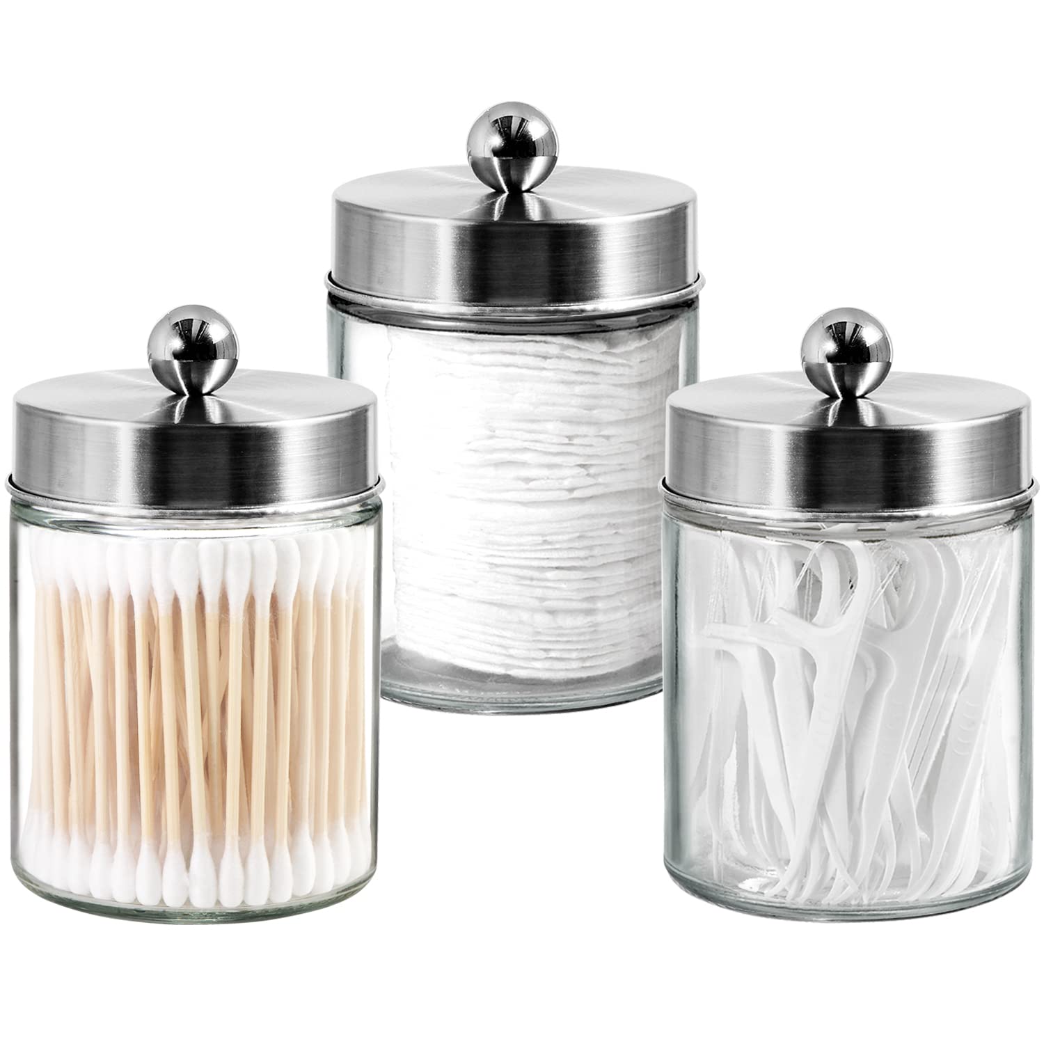 3 Pack Apothecary Jar Canisters Bathroom Vanity Organizer - Qtip Holder Storage Organizer Set Countertop Canister With Stainless
