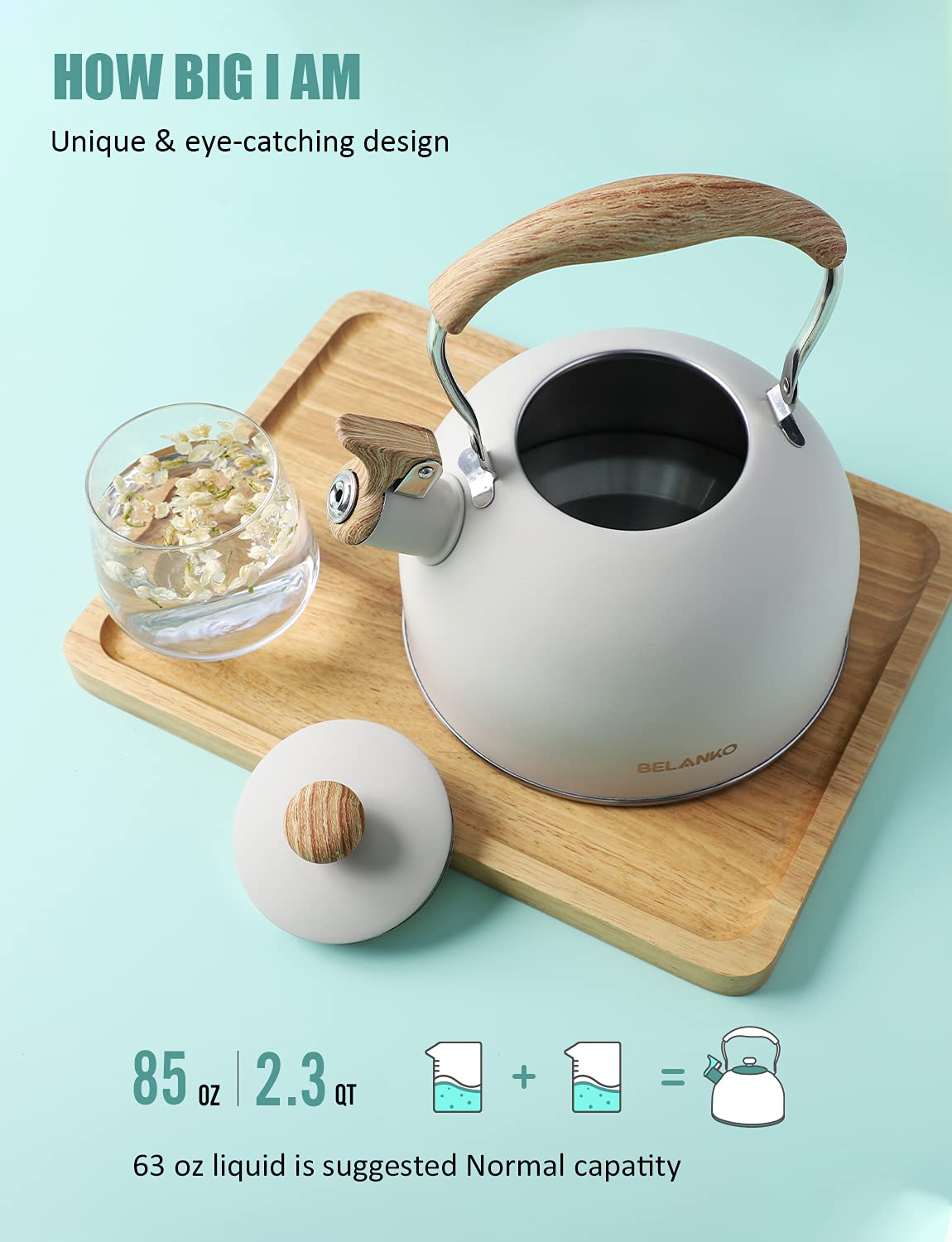 Tea Kettle, Belanko 85 Oz / 2.5 Liter Whistling Tea Kettle Pots For Stove Top Food Grade Stainless Steel With Wood Pattern Foldi